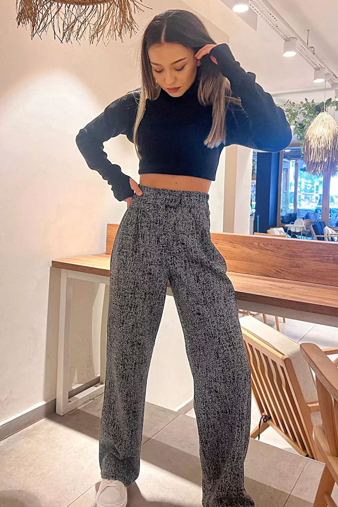 Kadın Kışlık Karyağdı Desenli Bel Cırtlı Palazzo Pantolon