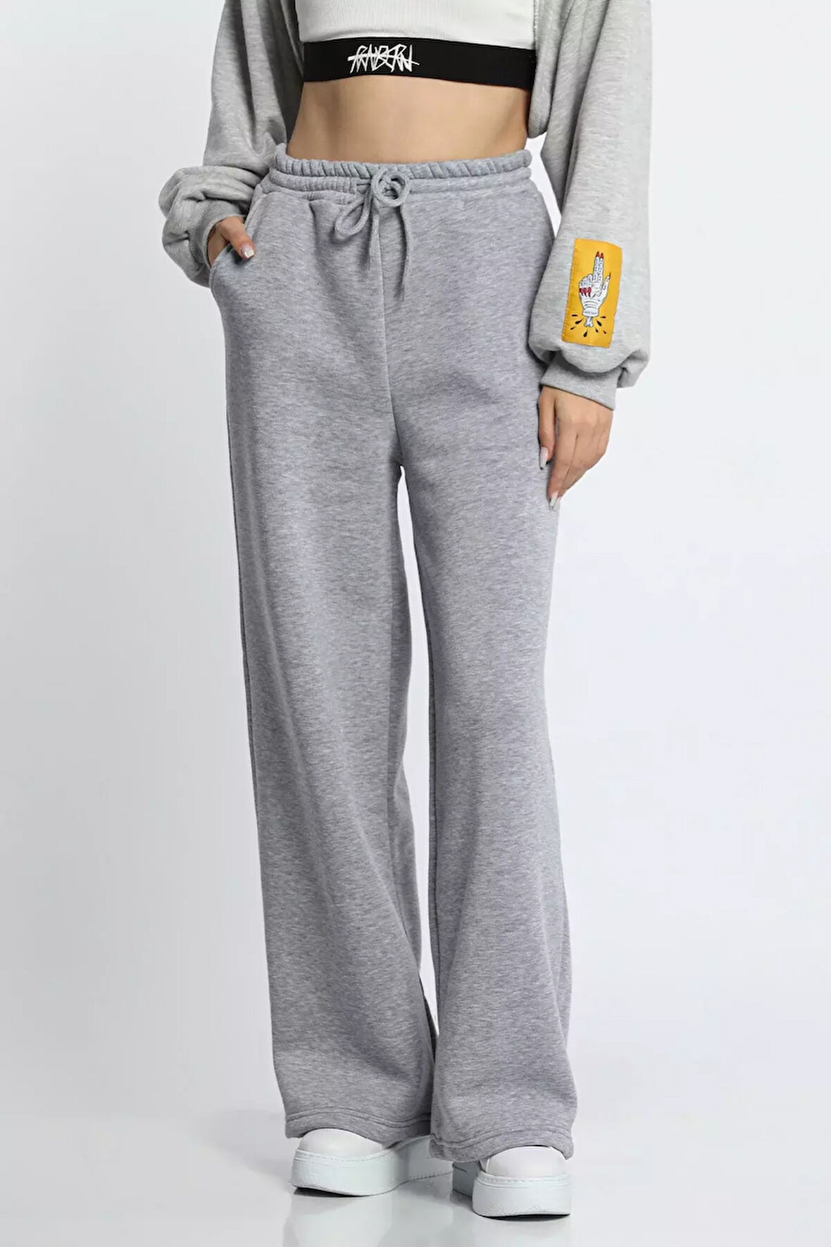 Kadın Bel Bağcıklı Üç İplik Şardonlu Bol Paça Palazzo Alt Eşofman