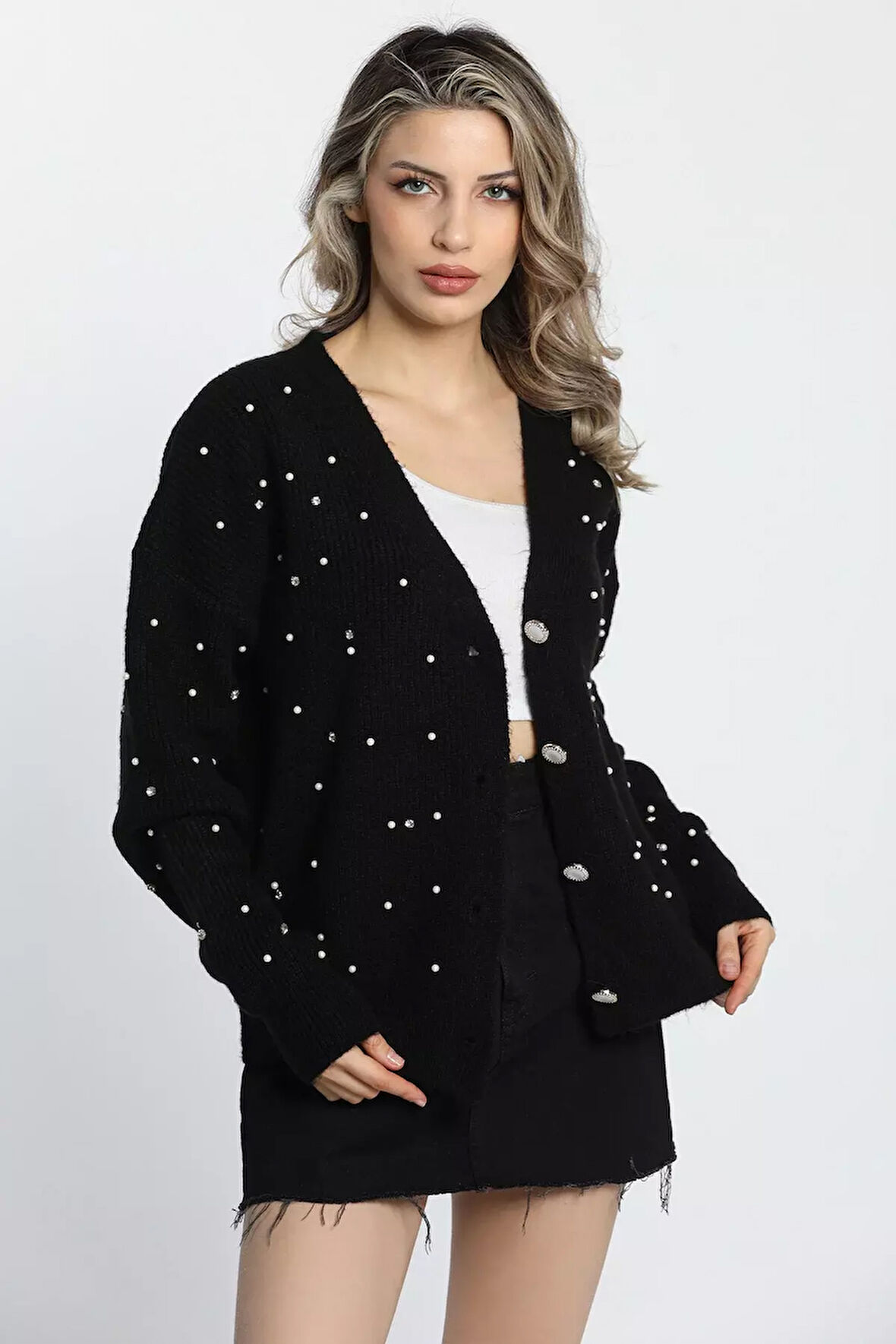 Kadın İncili Taşlı Triko Hırka