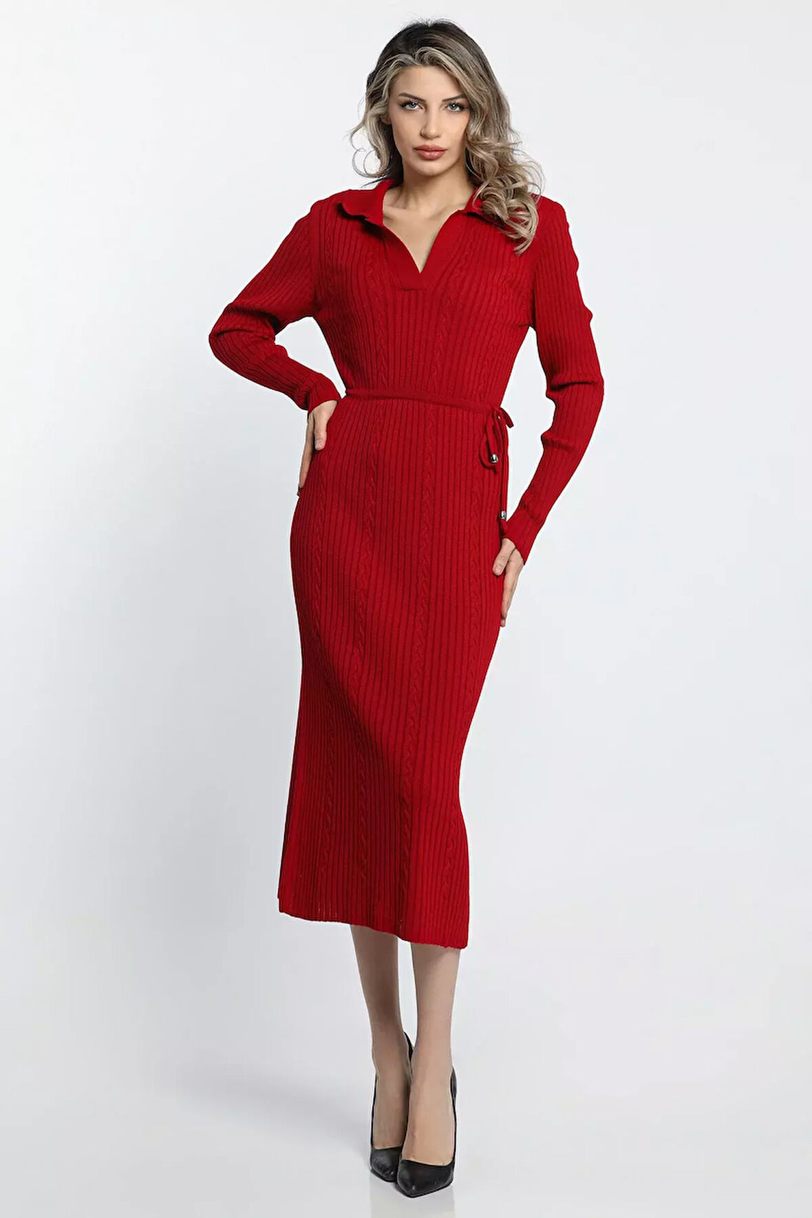 Kadın Polo Yaka Bel Bağlamalı Uzun Triko Elbise