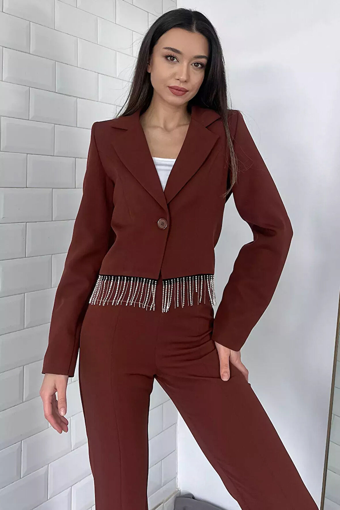 Kadın Sacak Taşlı Slim Fit Crop Blazer Ceket