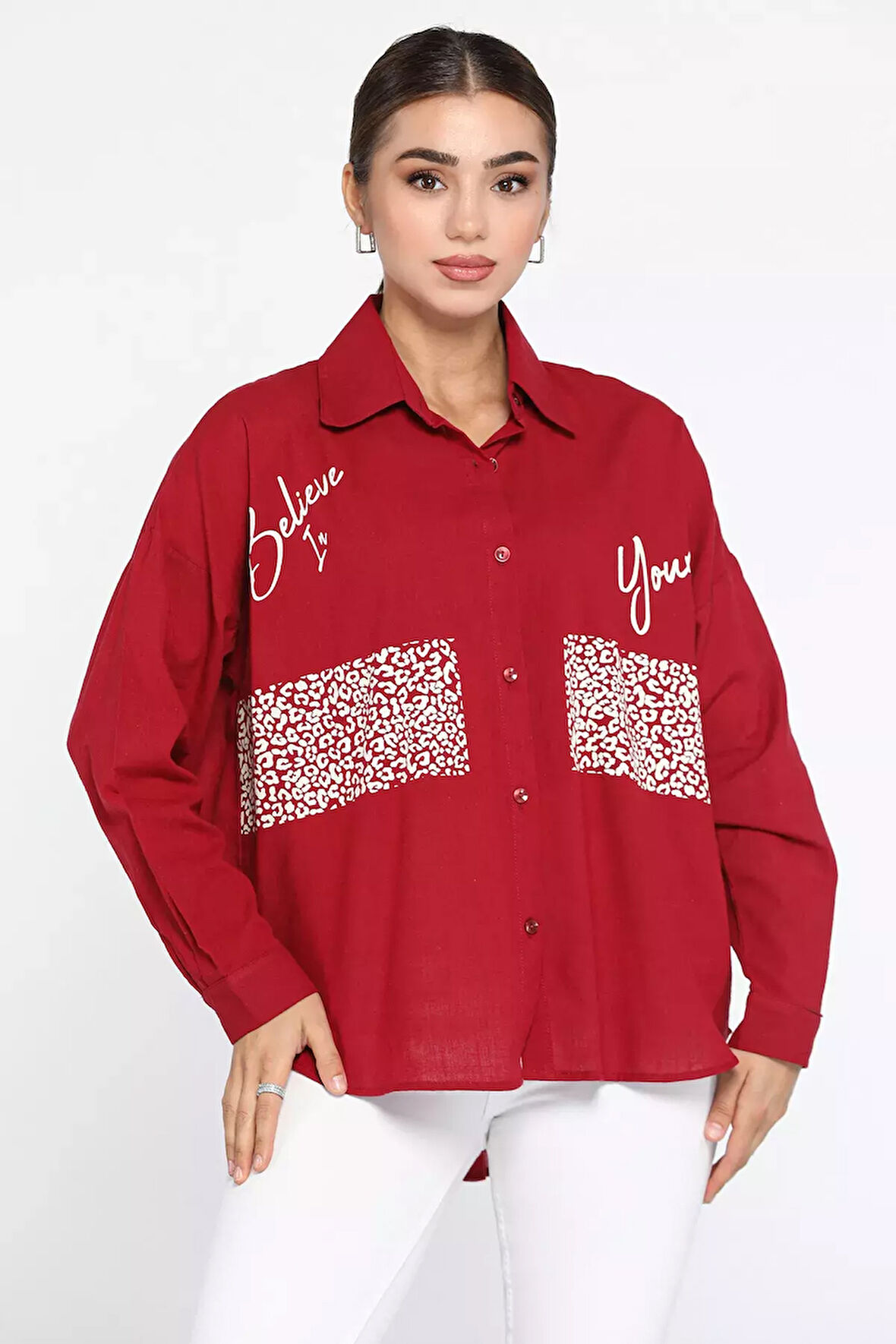 Leopar Baskılı Yazlık Salaş Kadın Keten Gömlek