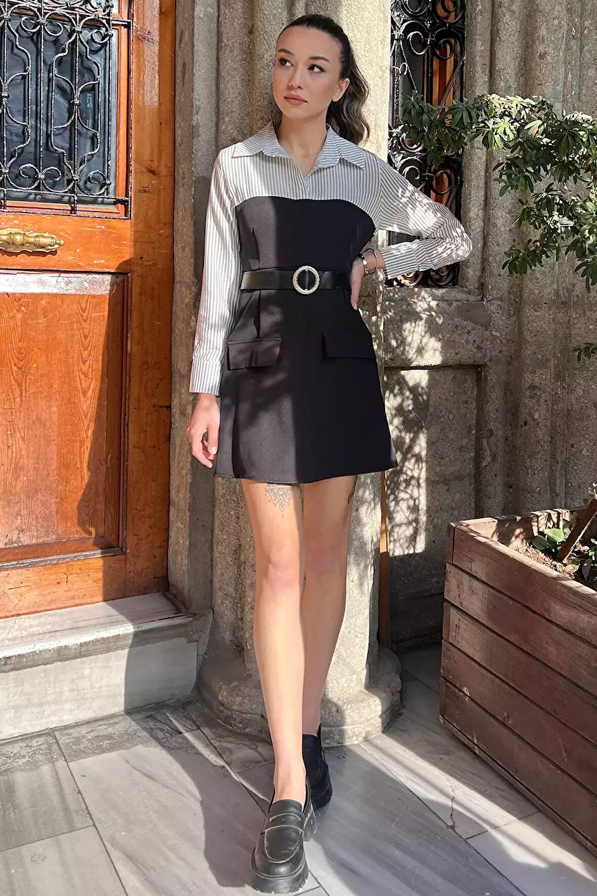 Gömlek Yaka Sahte Cep Detaylı Kemerli Elbise