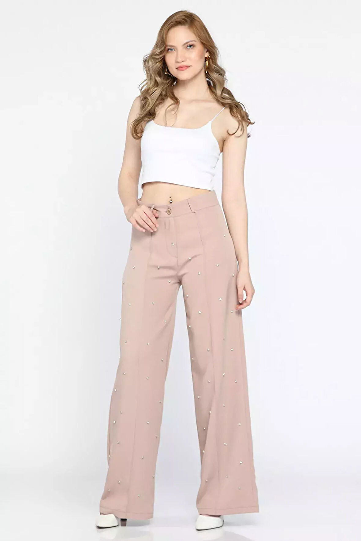 Yüksek Bel Taşlı Çimalı Kadın Palazzo Pantolon