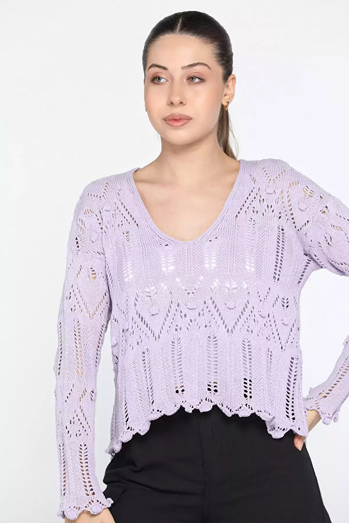 V Yaka Ajurlu Kadın Crop Top Bluz