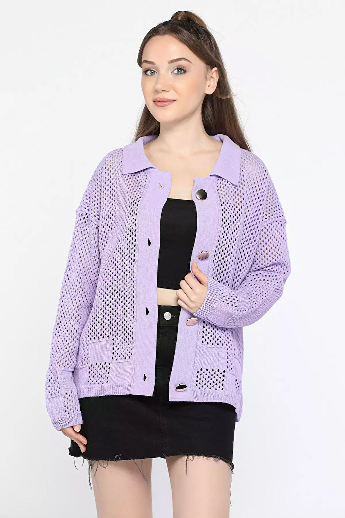 Gold Düğme Detaylı Ajurlu Kadın Triko Örme Hırka