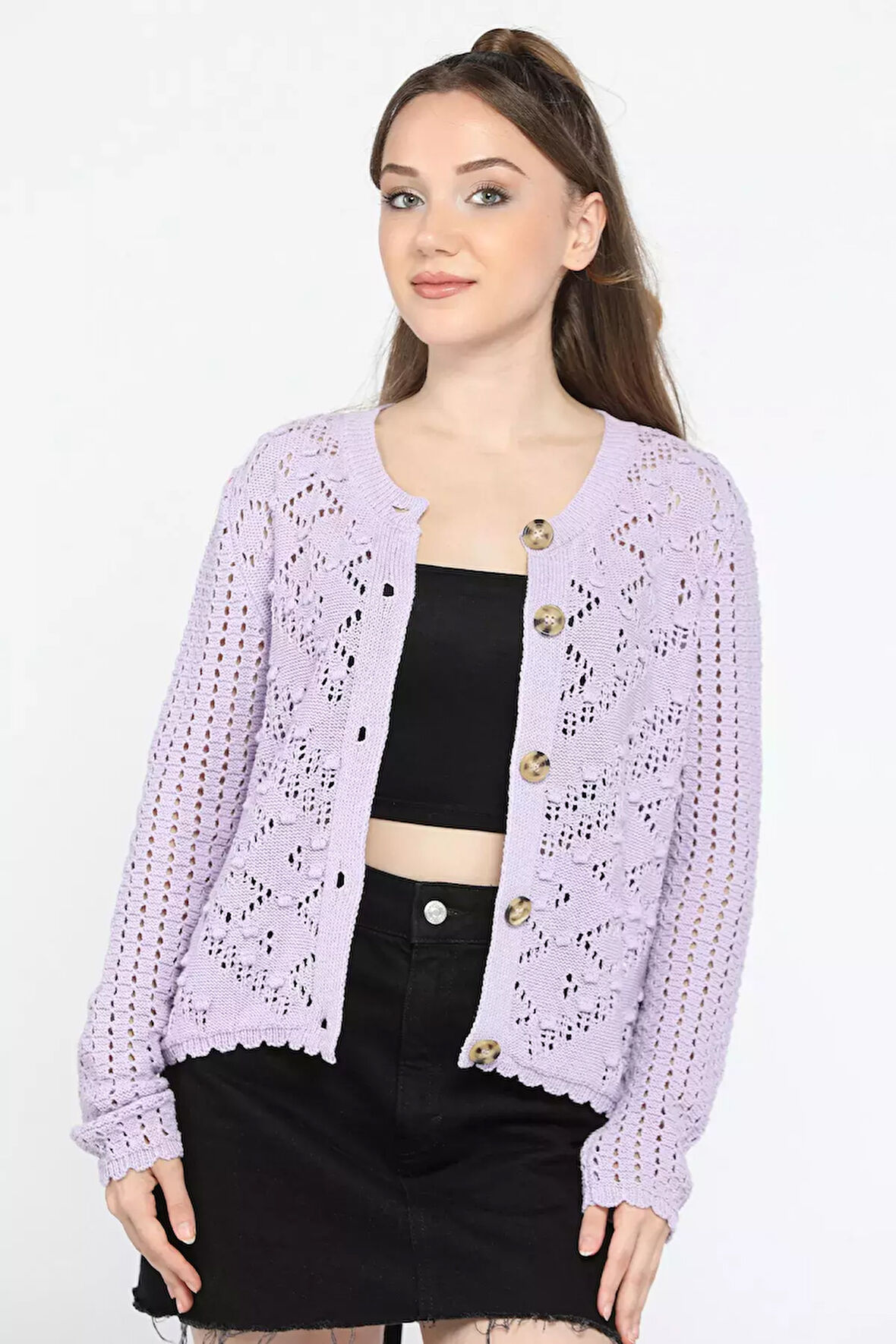 Ajurlu Kabartma Desenli Ön Düğmeli Kadın Triko Hırka