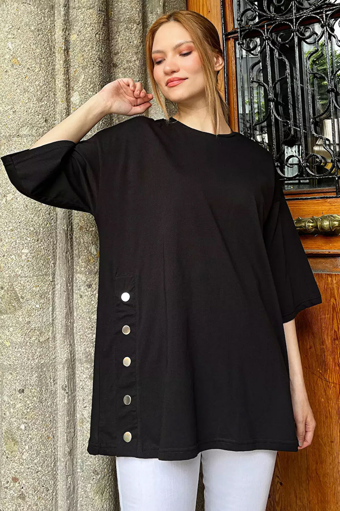 Yan Çıtçıtlı Oversize Tişört ( S-m-l-xl Uyumludur)