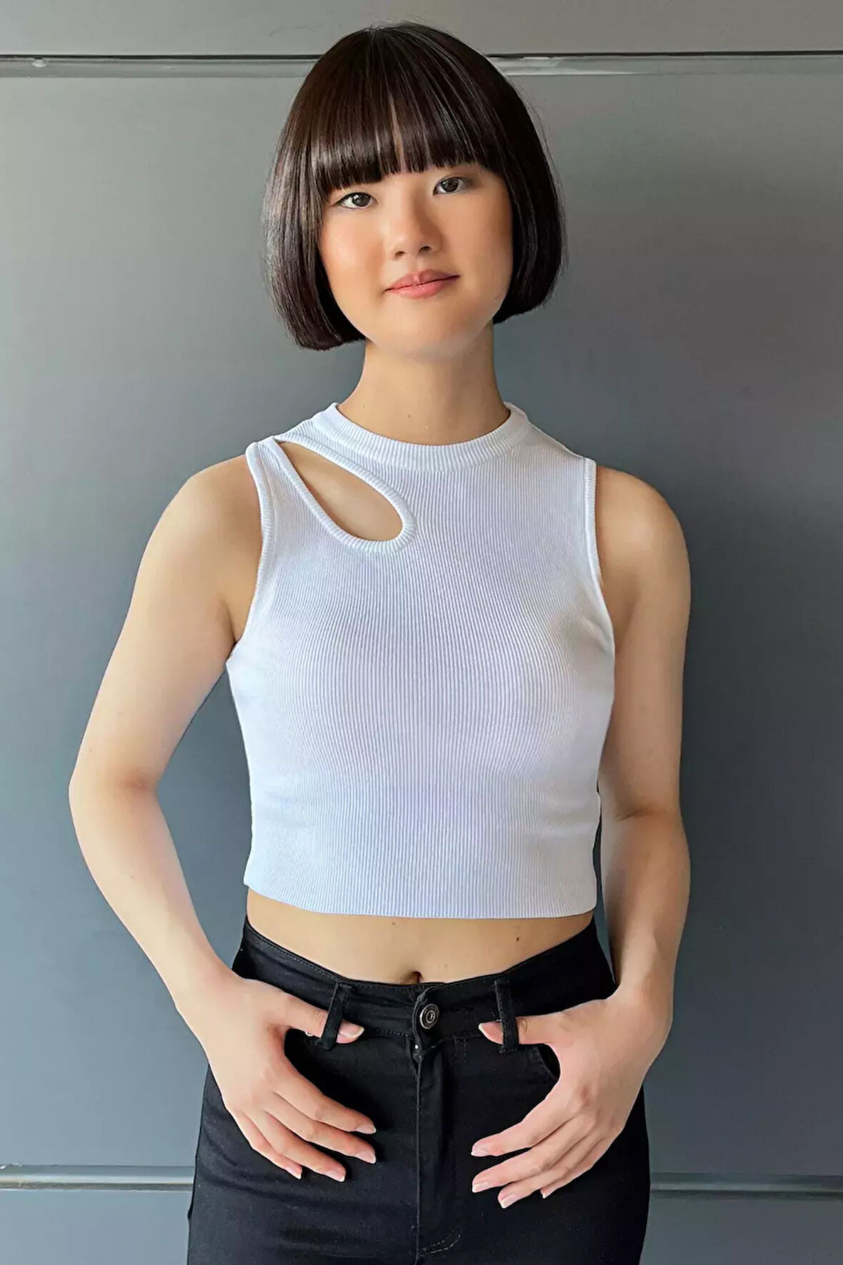 Ön Pencereli Bisiklet Yaka Kadın Kaşkorse Crop Top Bluz