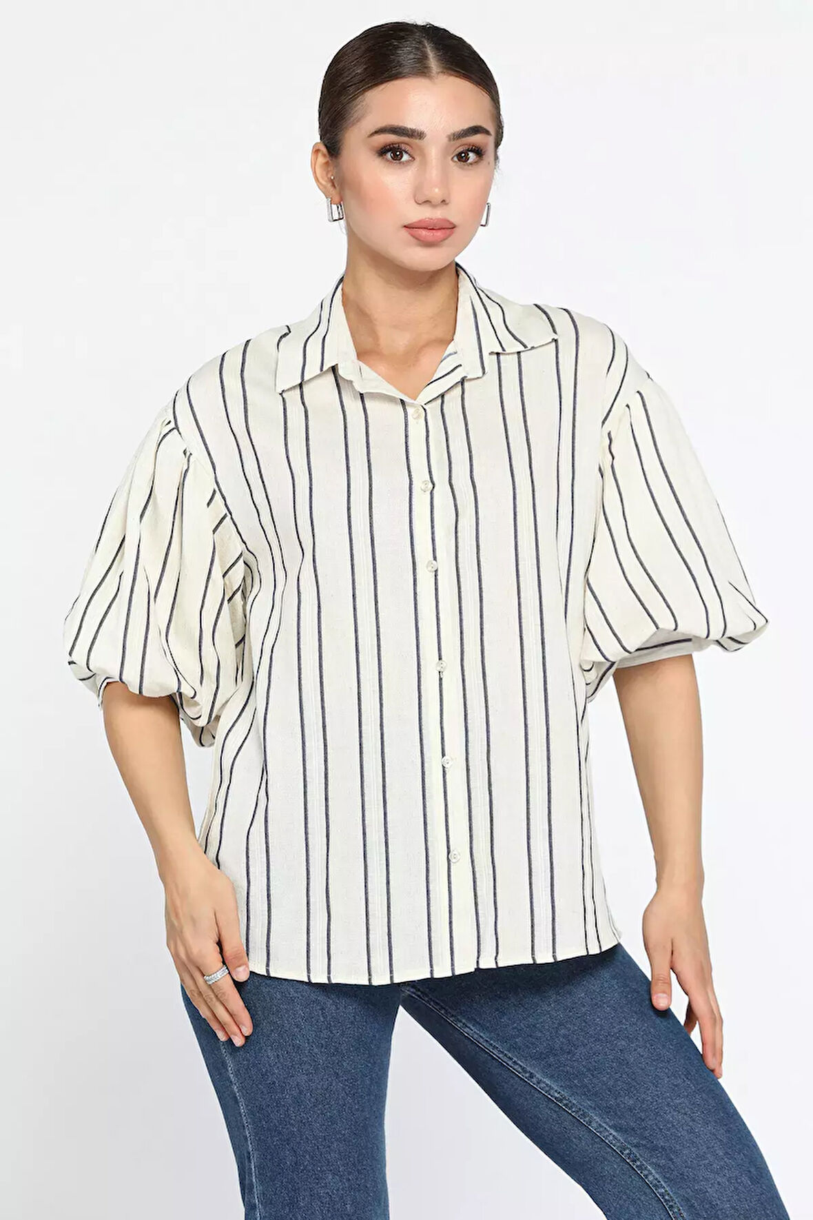 Balon Kol Çizgi Desenli Kadın Salaş Keten Gömlek