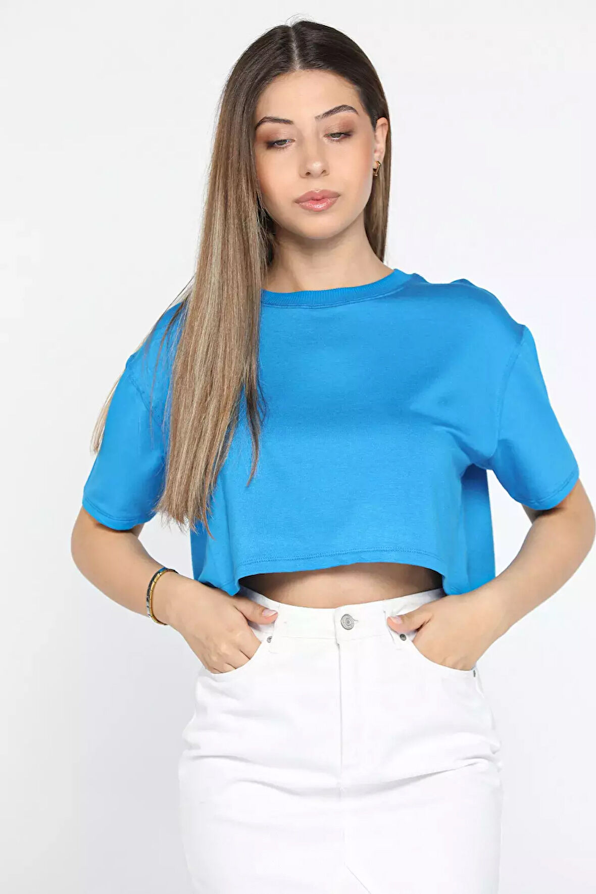 Bisiklet Yaka Oversize Basic Crop Top Tişört