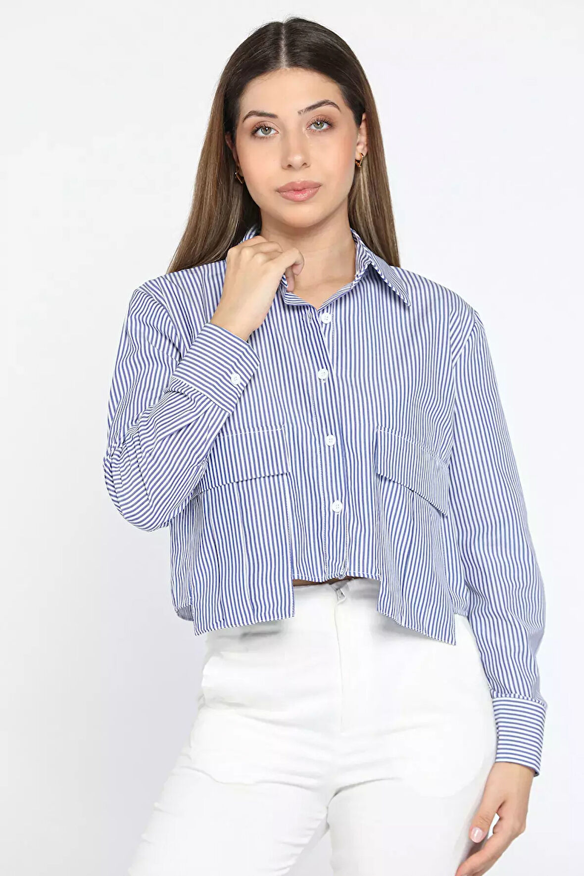 Çizgili Cepli Salaş Crop Top Gömlek