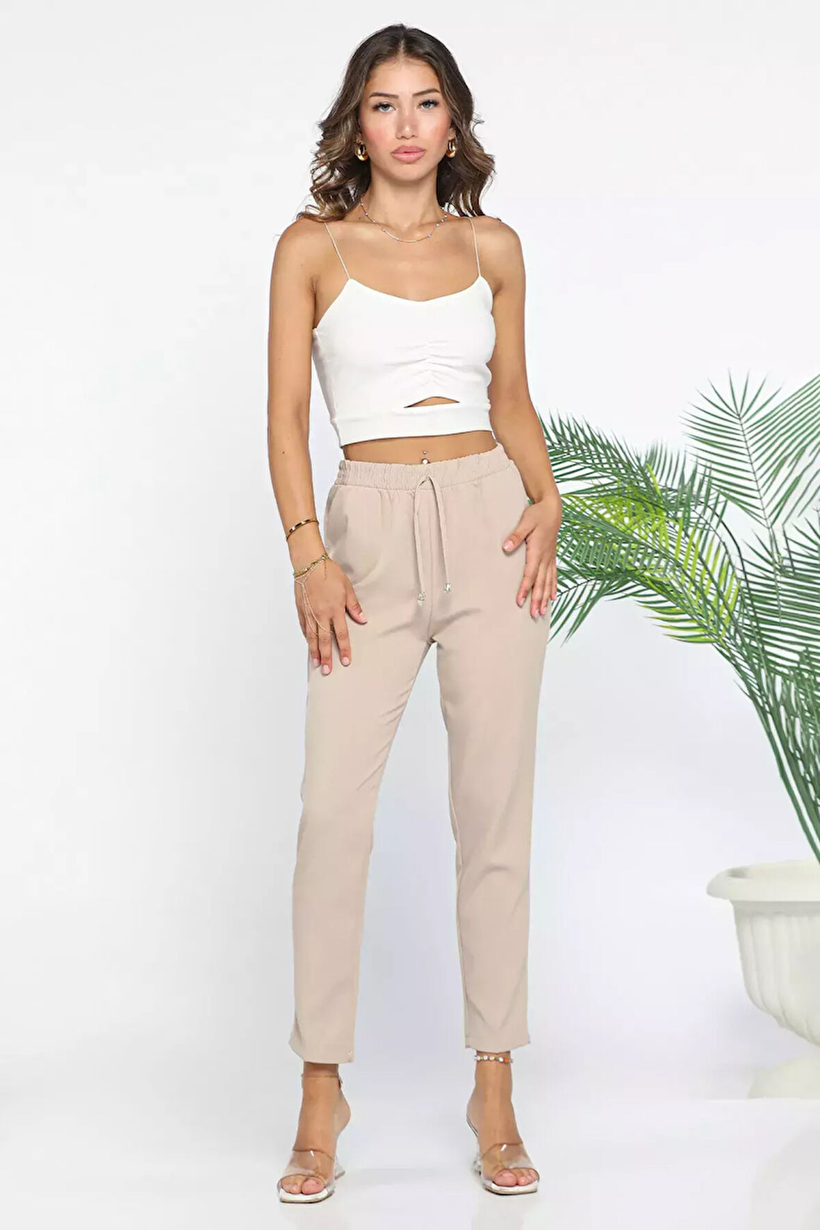 Bel Lastikli Slim Fit Kumaş Pantolon