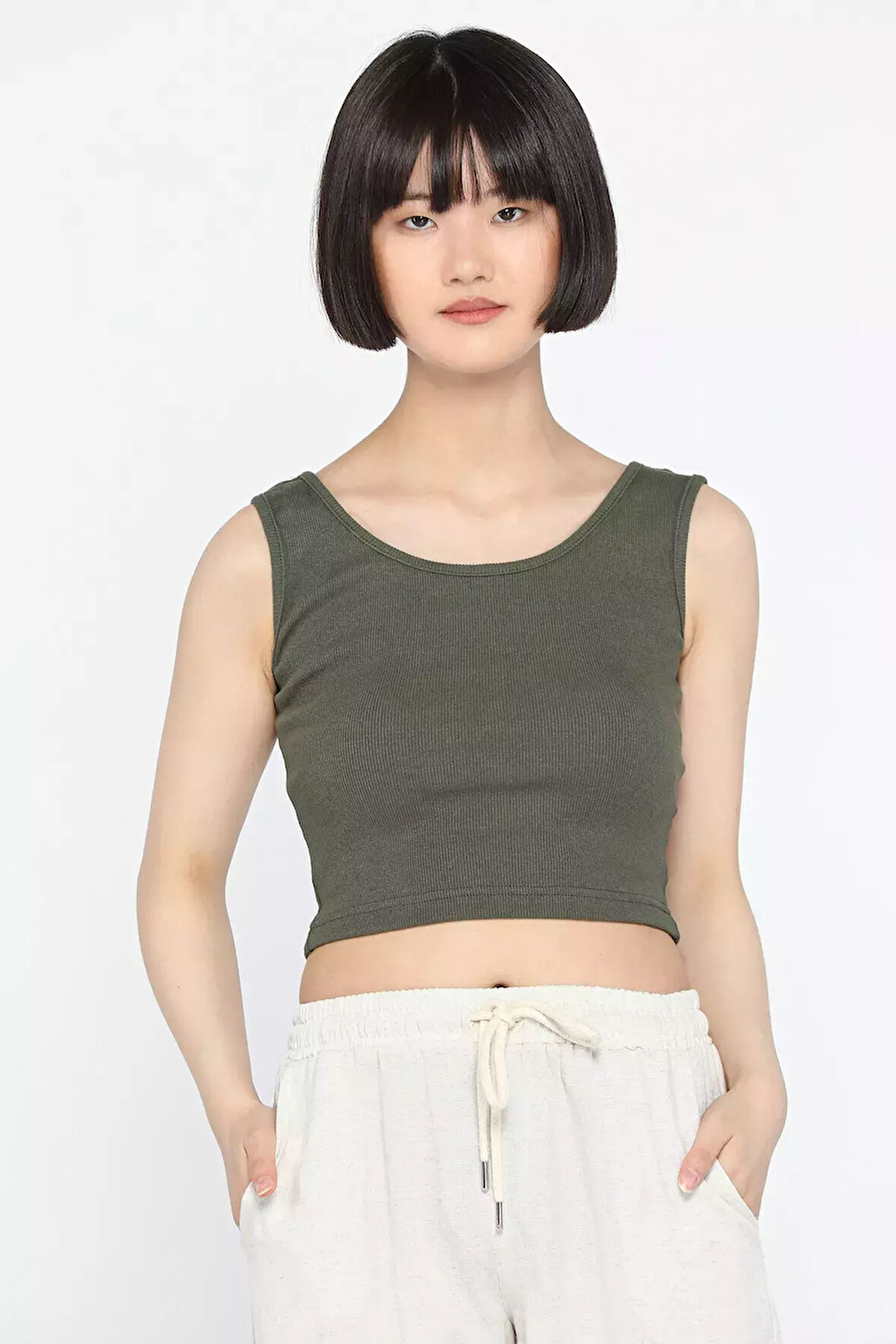 Kalın Askılı Likralı Kadın Kaşkorse Crop Tops Bluz