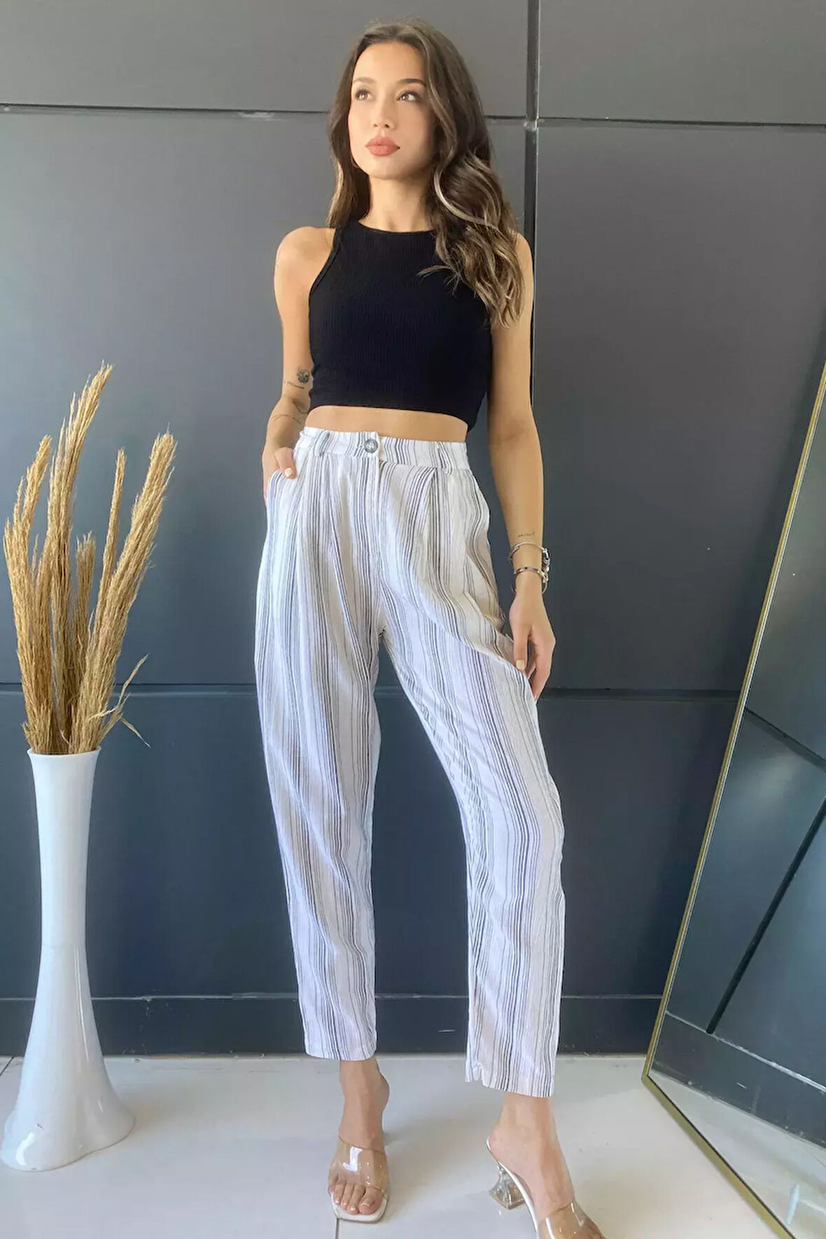 Yüksek Bel Çizgi Desenli Kadın Pantolon