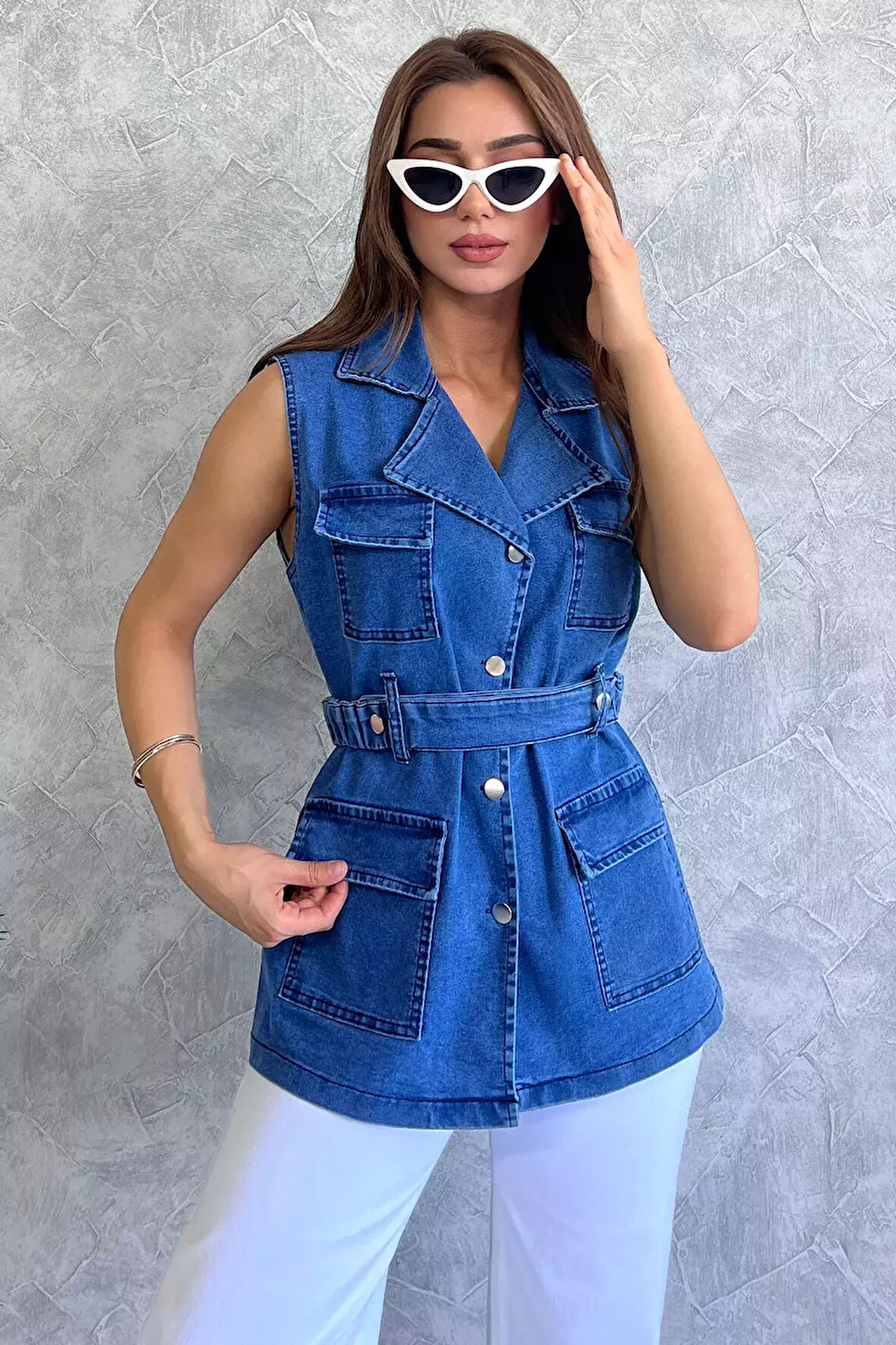 Cepli Bel Kemerli Kadın Likralı Jean Kot Yelek