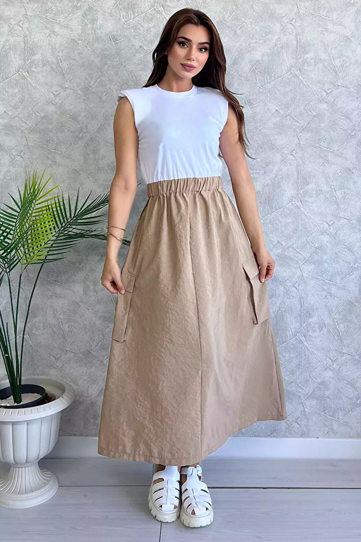 Bisiklet Yaka Kargo Cep Detaylı Kadın Çift Renkli Elbise