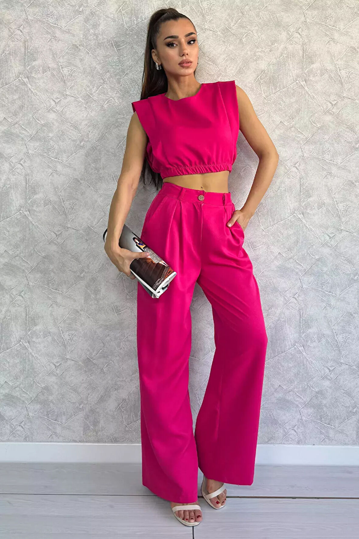 Kadın Crop Bluz Pantolon İkili Takım