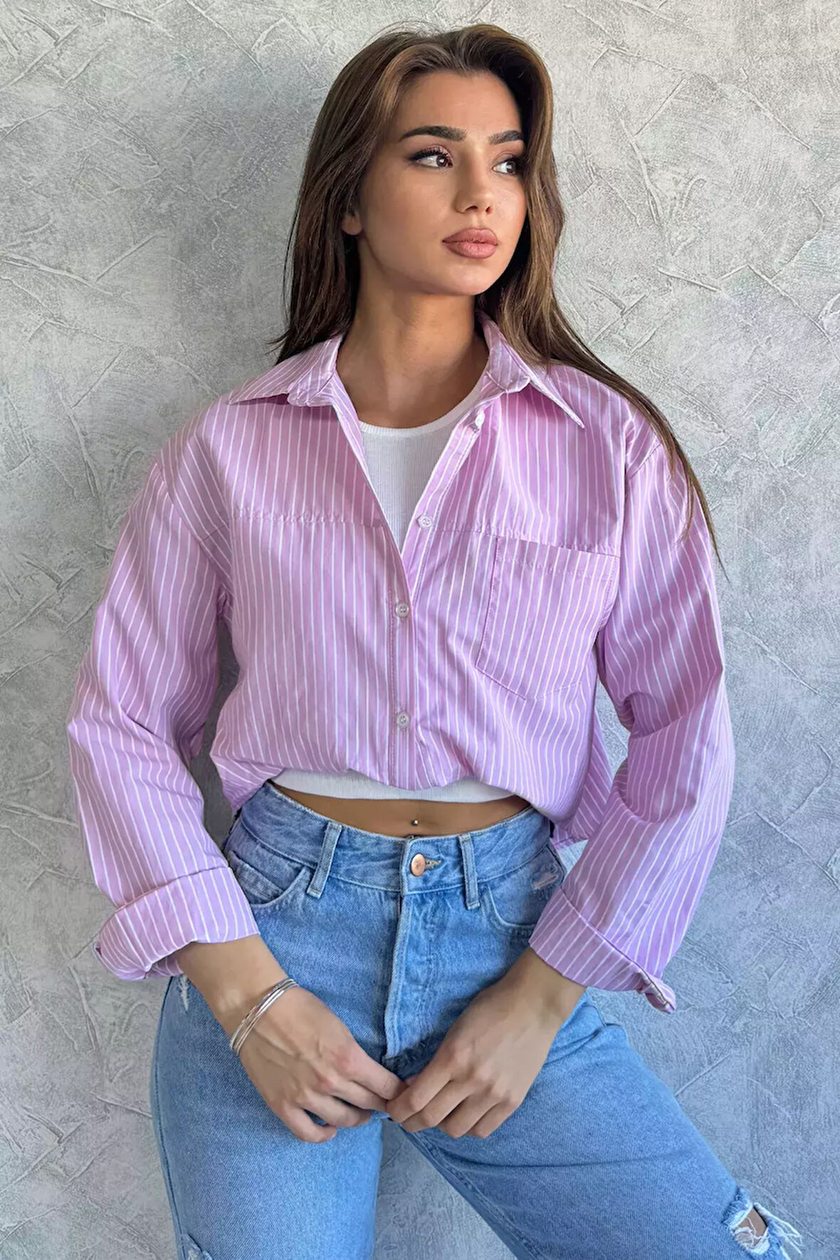 Tek Cepli Çizgi Desenli Bluz Garnili Kadın Gömlek