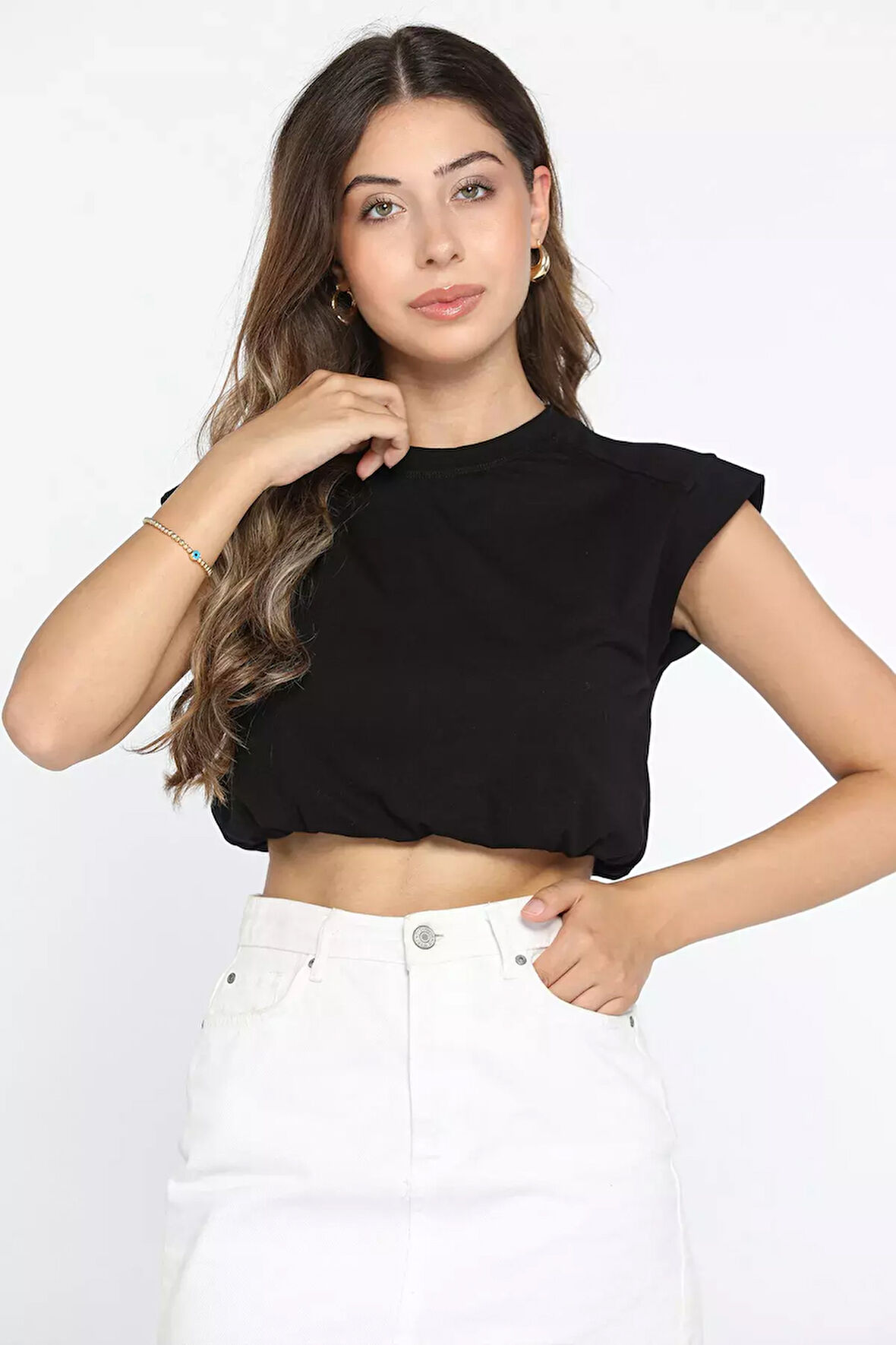 Bisiklet Yaka Bel Lastikli Kadın Basic Crop Top Tişört