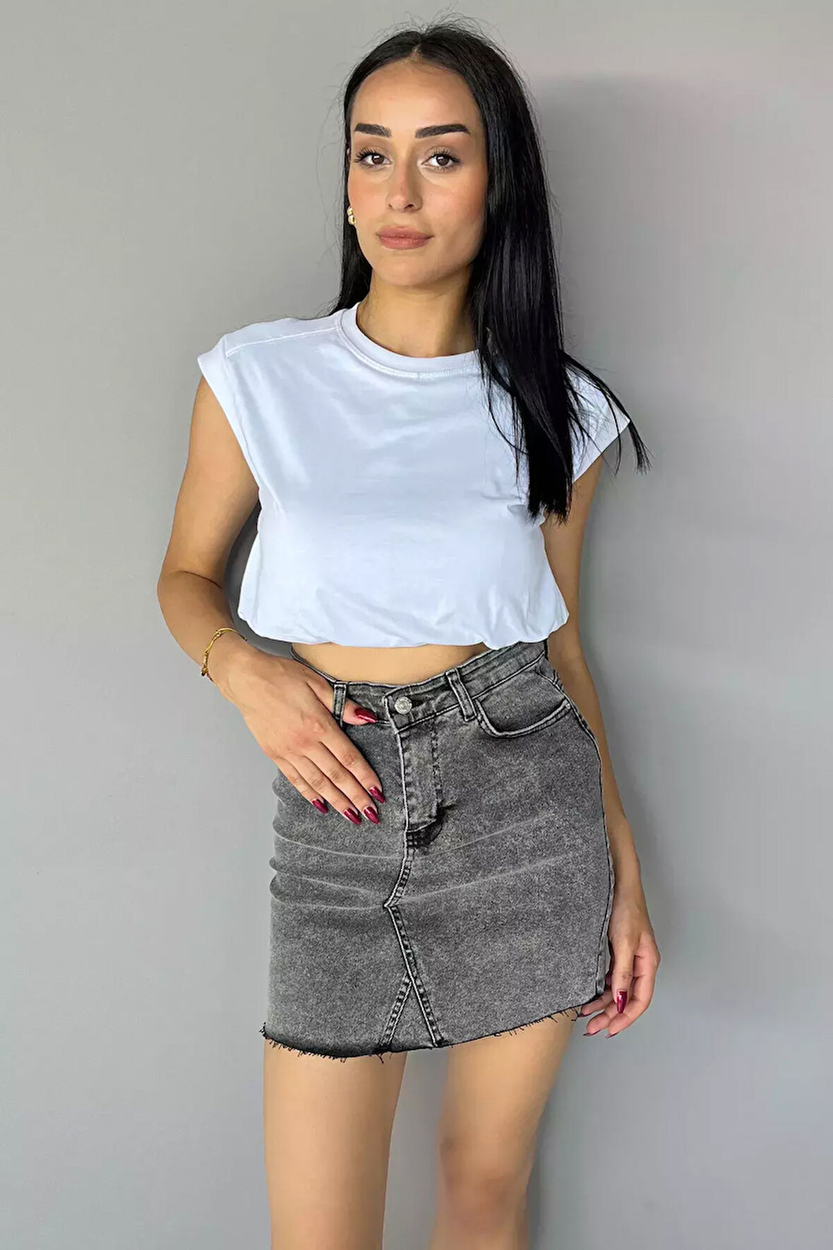 Bisiklet Yaka Bel Lastikli Kadın Basic Crop Top Tişört
