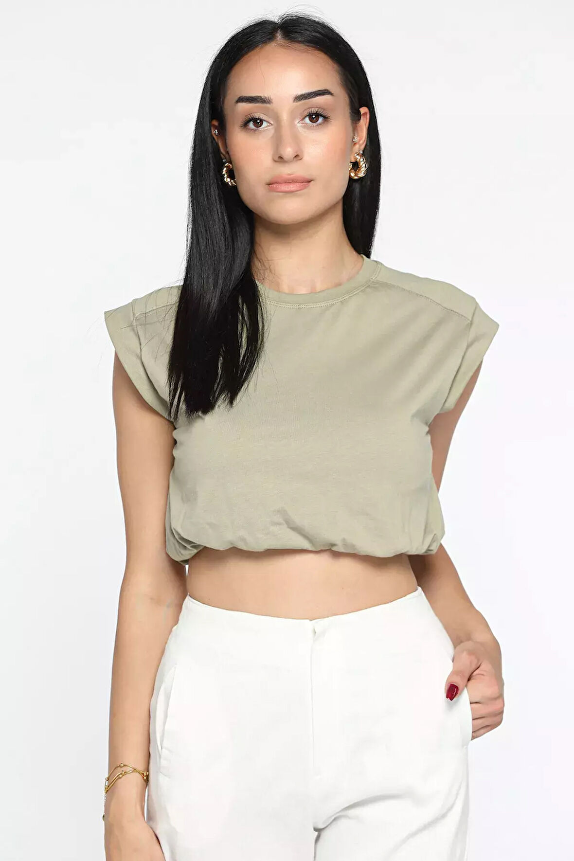 Bisiklet Yaka Bel Lastikli Kadın Basic Crop Top Tişört