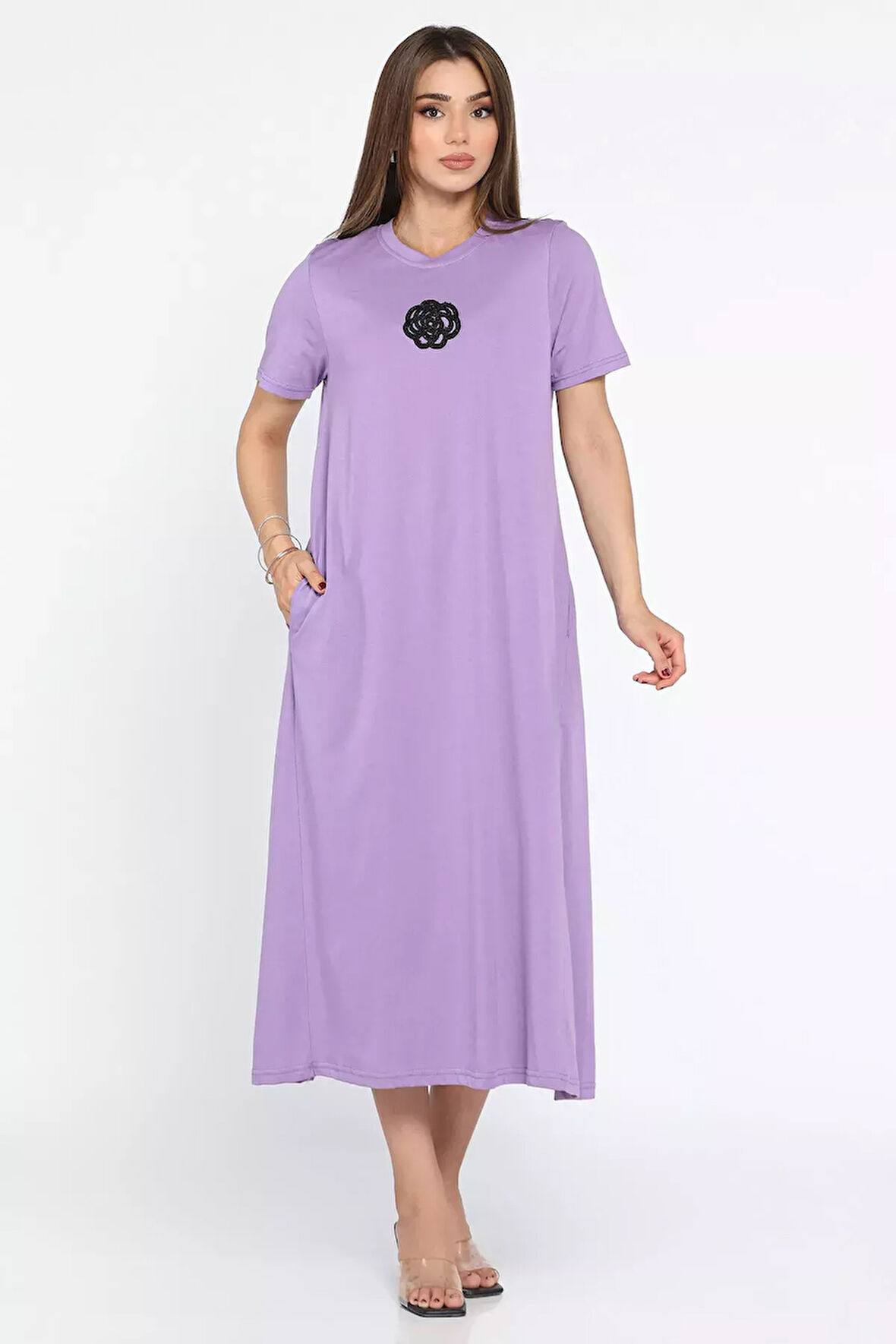 Gül Nakışlı Cepli Elbise