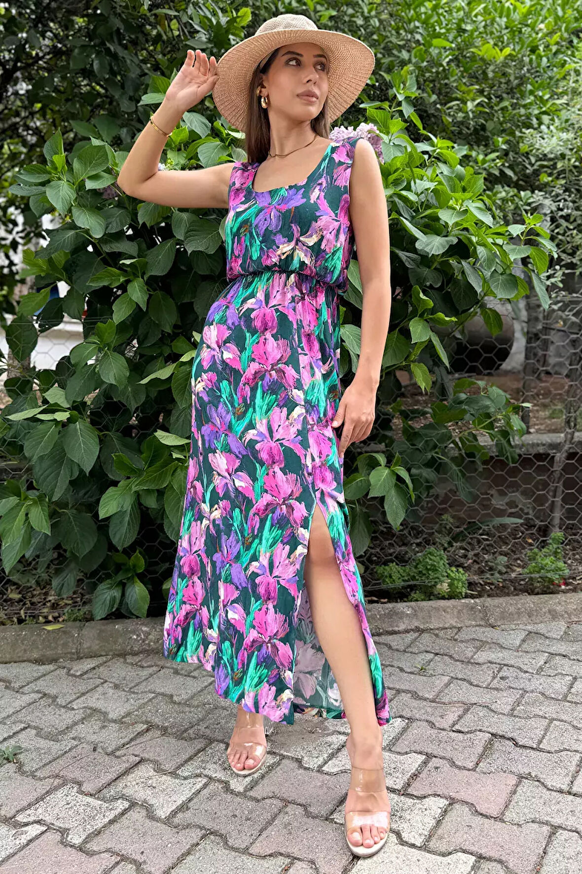 Kalın Askılı Bel Lastikli Desenli Elbise