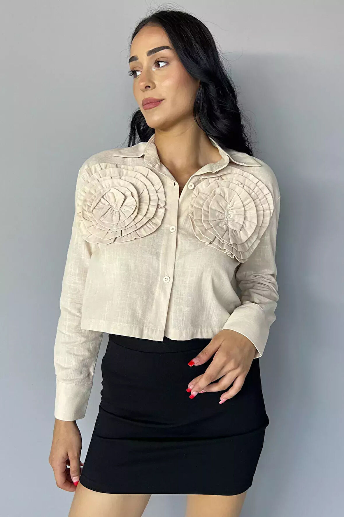 Çiçekli Keten Crop Top Gömlek