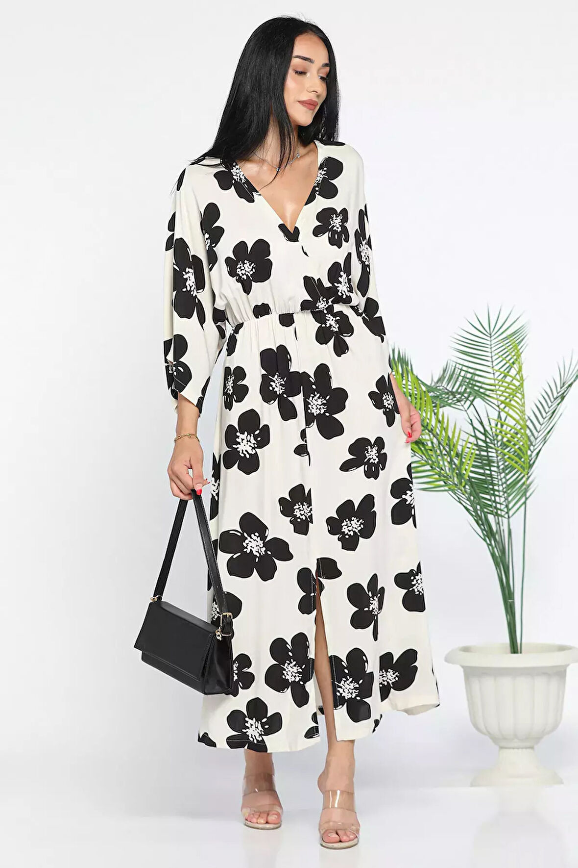 Kruvaze Yaka Yarasa Kol Desenli Viskon Elbise