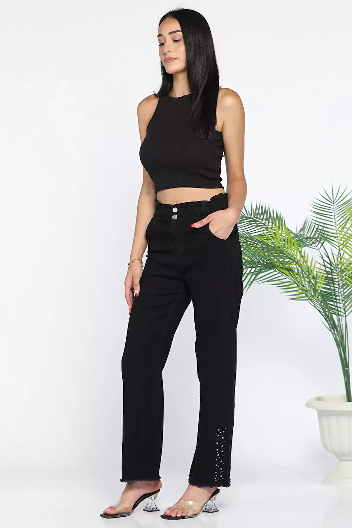 Kadın Yüksek Bel Paça Püsküllü Taş Detaylı Likralı Jean Kot Pantolon