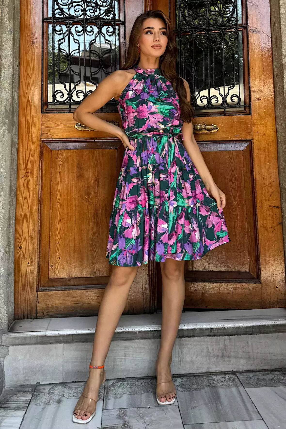 Bel Kuşaklı Desenli Viskon Elbise