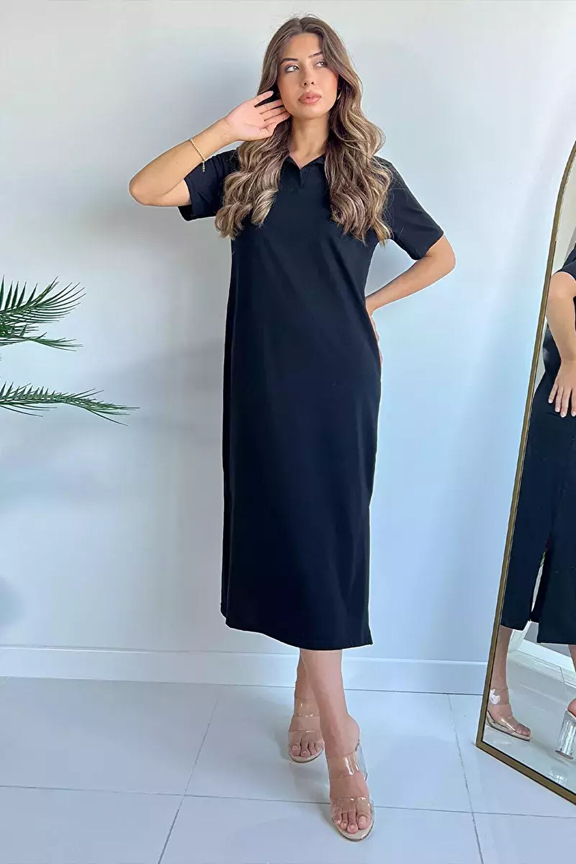 Kadın Polo Yaka Yanlar Yırtmaçlı Basic Elbise
