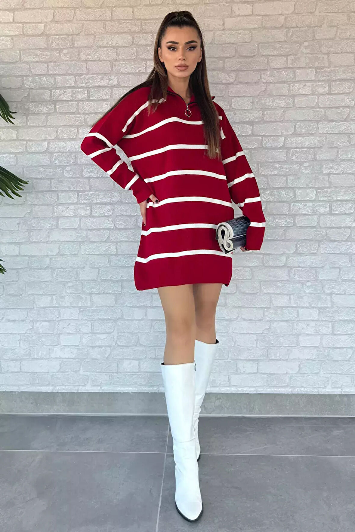 Çizgili Yarım Fermuarlı Triko Tunik