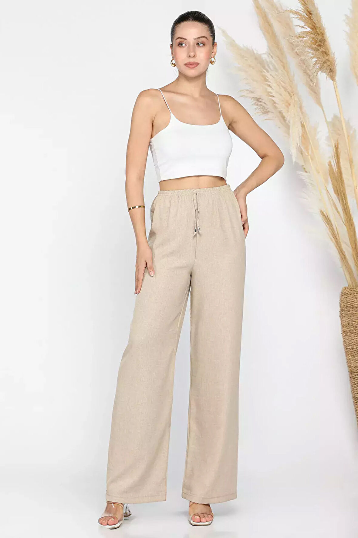 Kadın Bel Lastikli Bol Paça Pantolon