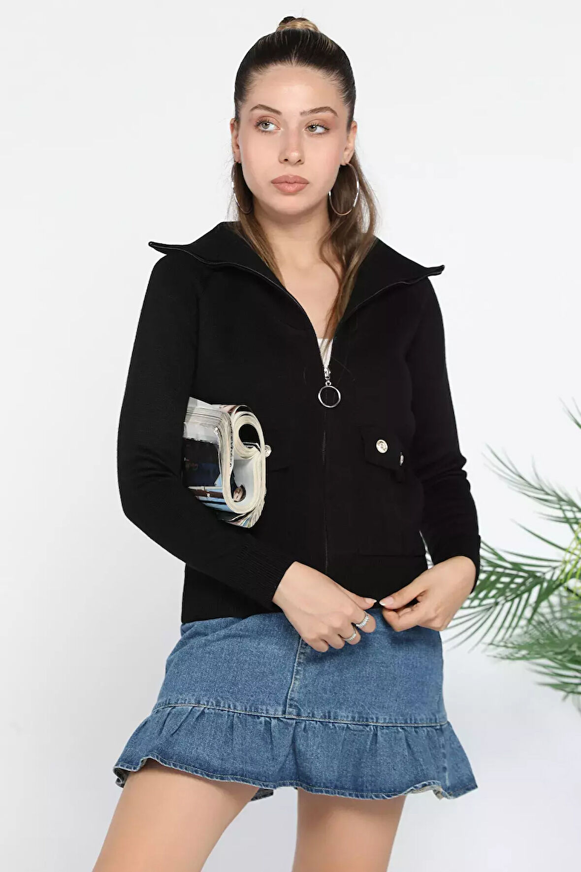 Fermuarlı Cepli Triko Ceket