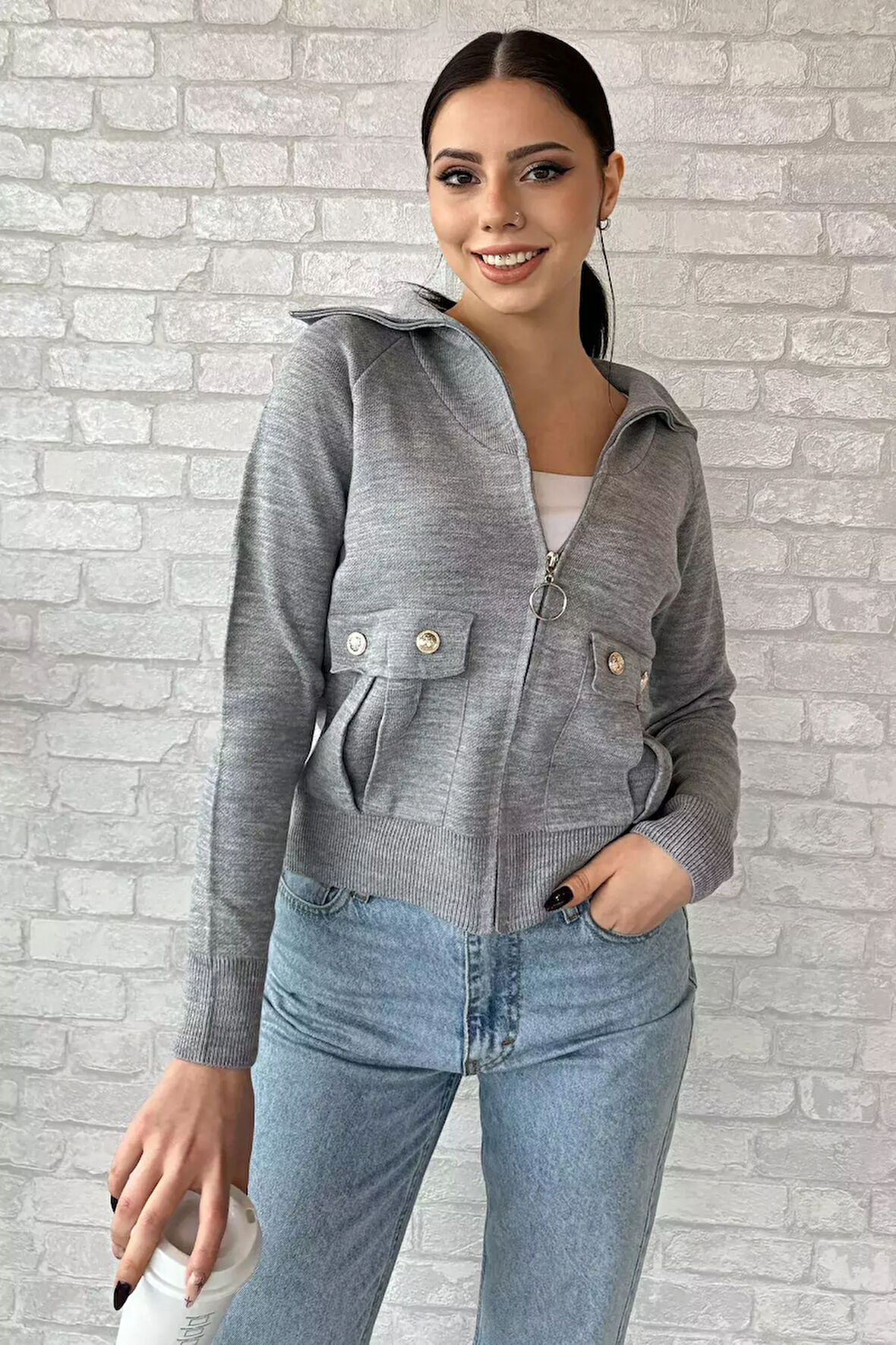 Fermuarlı Cepli Triko Ceket