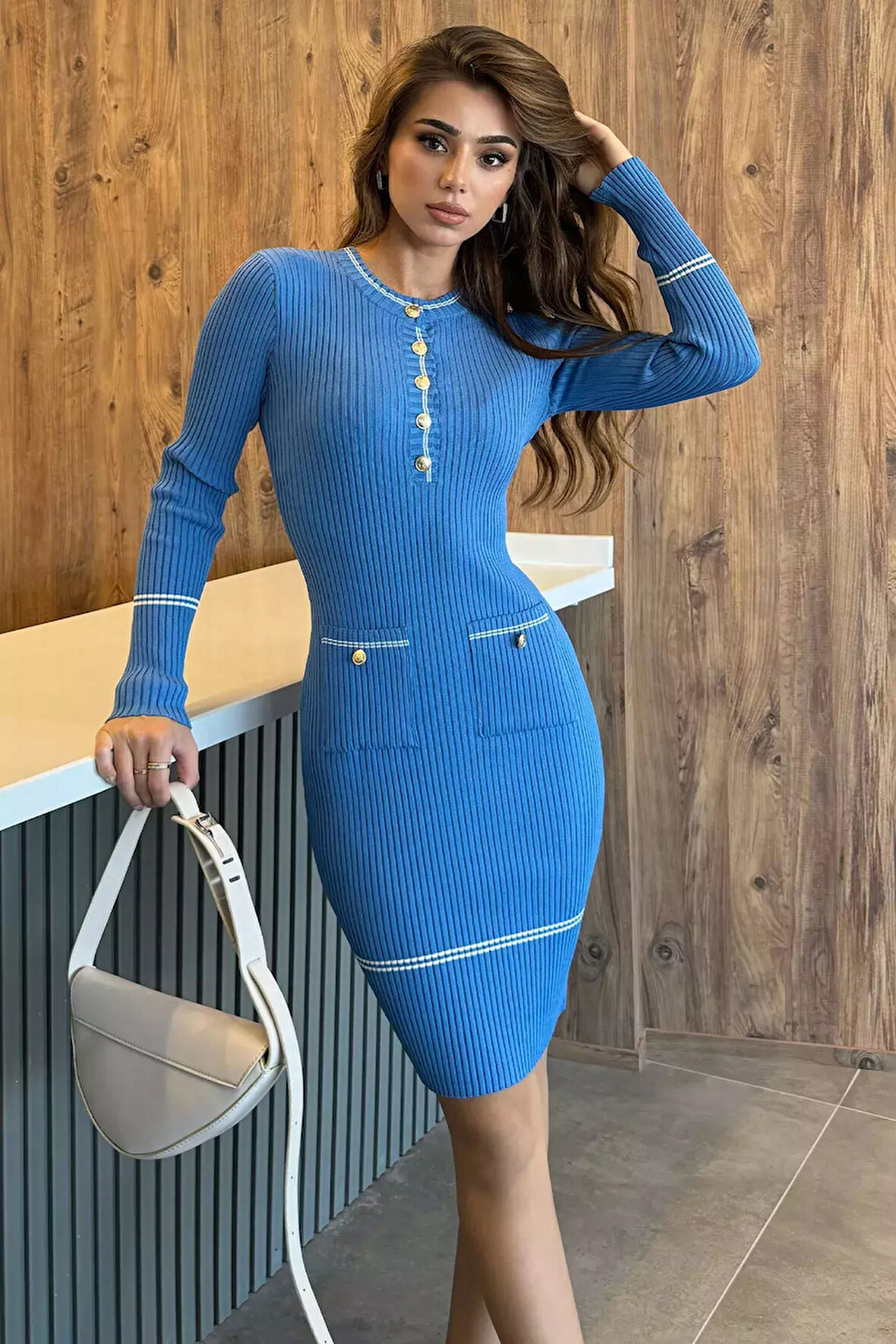 Kadın Fitilli Yarım Düğmeli Triko Elbise