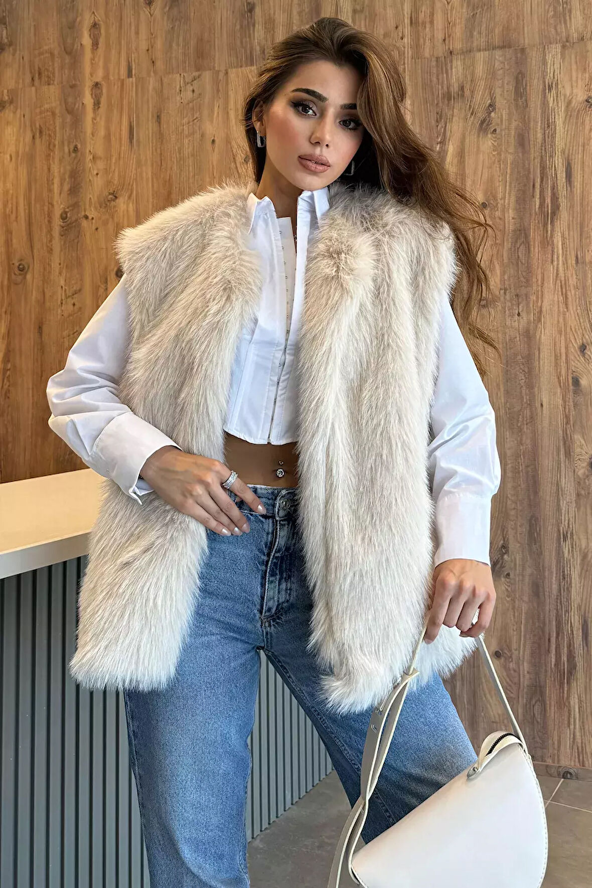 Kadın Salaş Sakallı Kürklü Astarlı Yelek