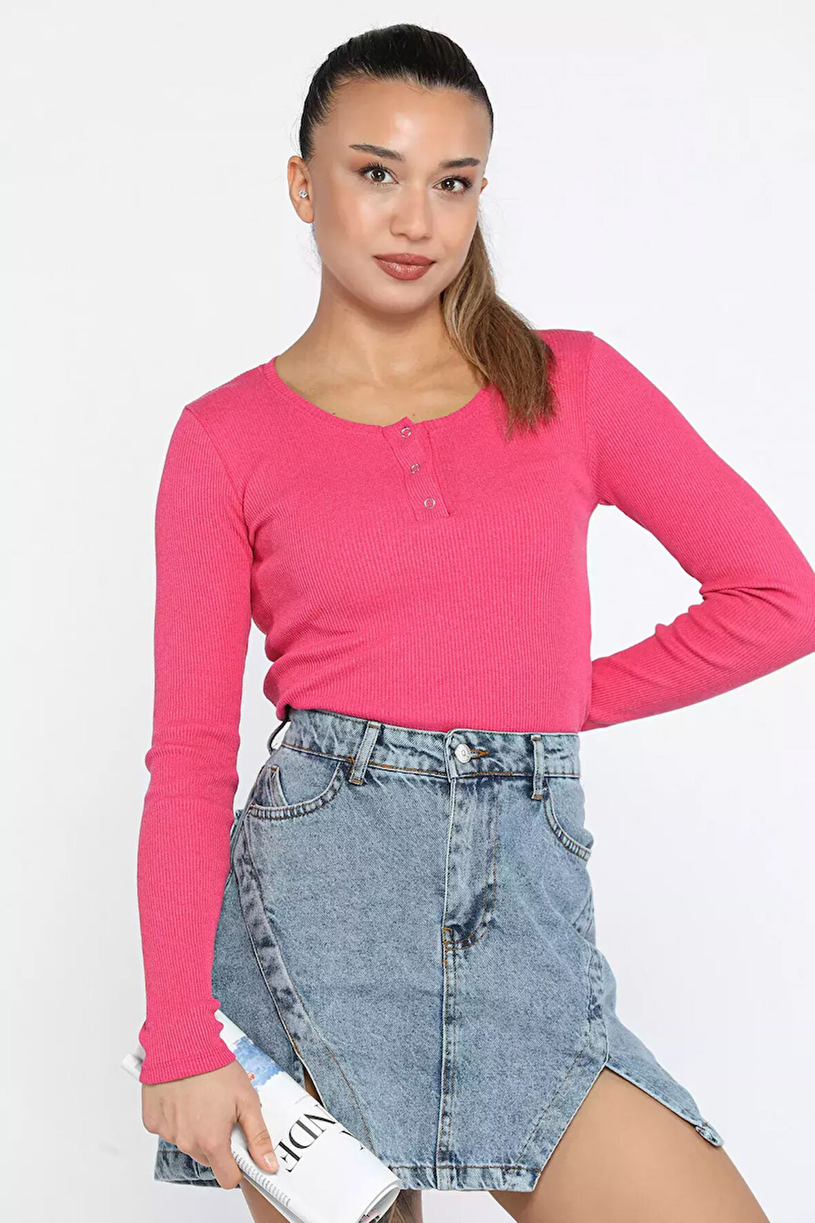 Kaşkorse Likralı Ön Çıtçıtlı Crop Top Bluz