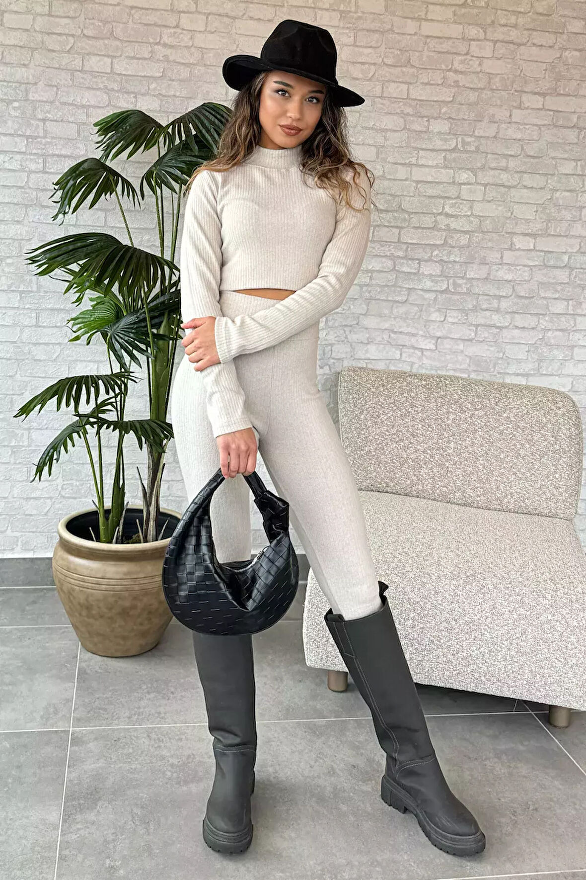 Yarım Balıkçı Yaka Kaşkorse Crop Bluz Tayt İkili Takım