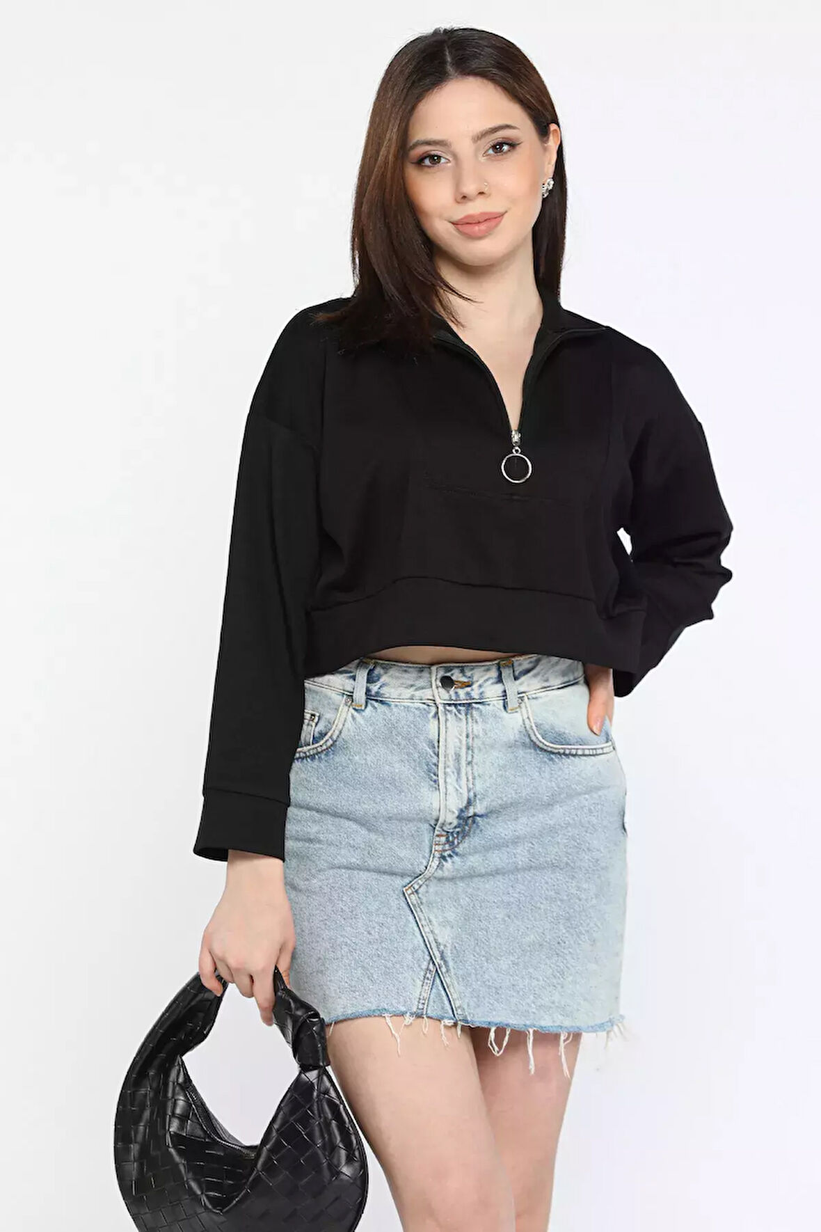 Oysho Kumaş Fermuar Detaylı Kadın Crop Top Sweatshirt