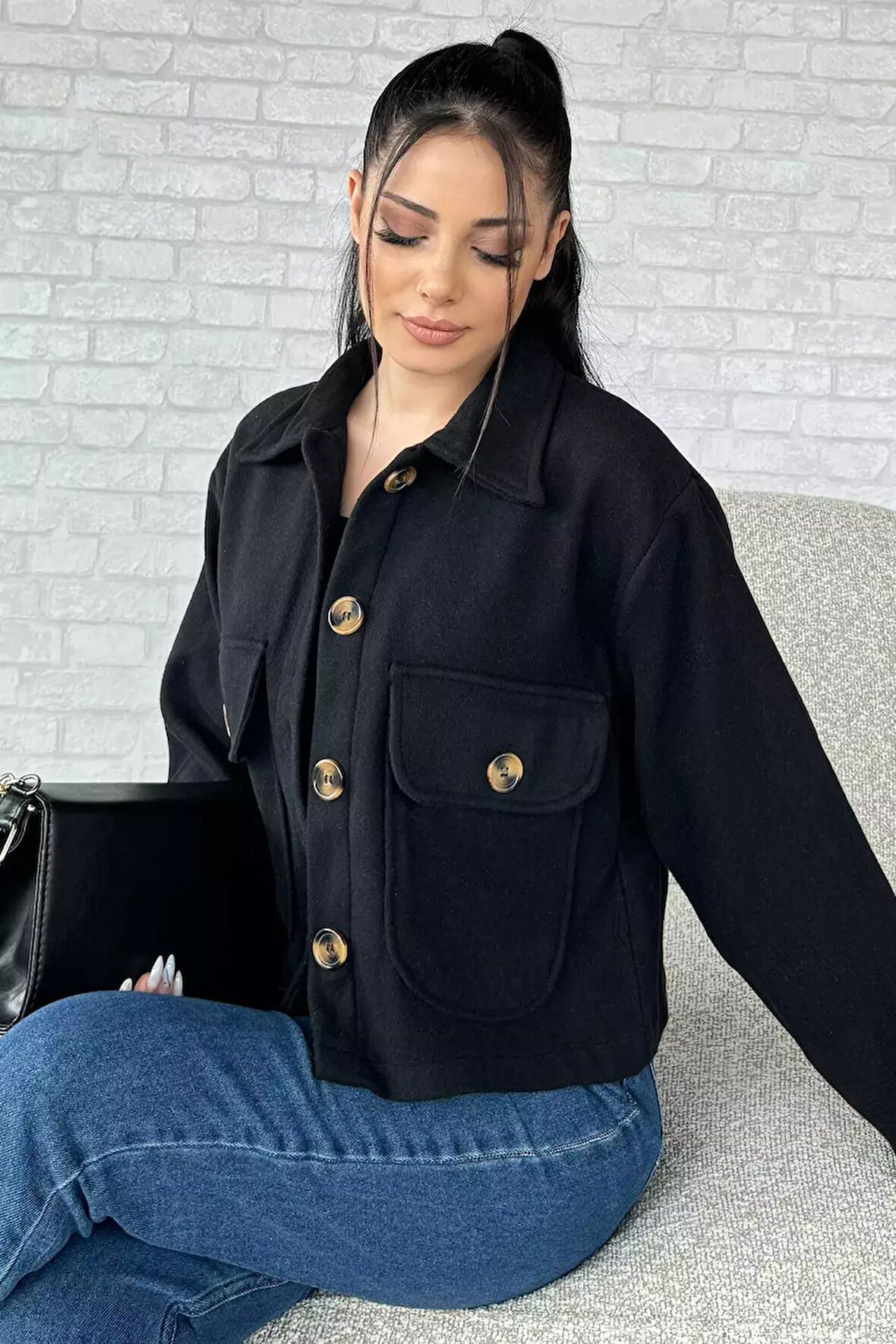 Çift Cepli Crop Top Kaşe Mont