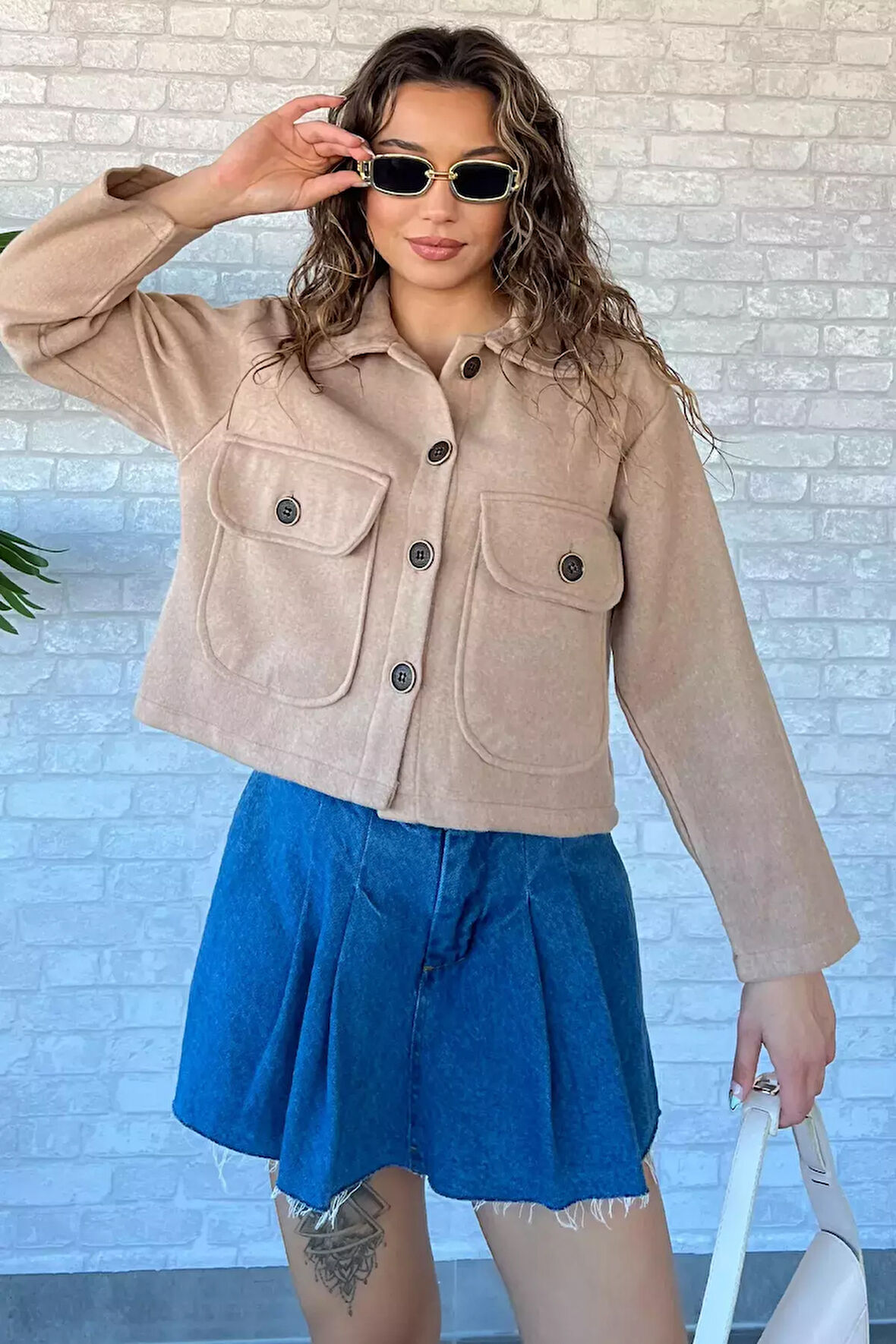 Çift Cepli Crop Top Kaşe Mont
