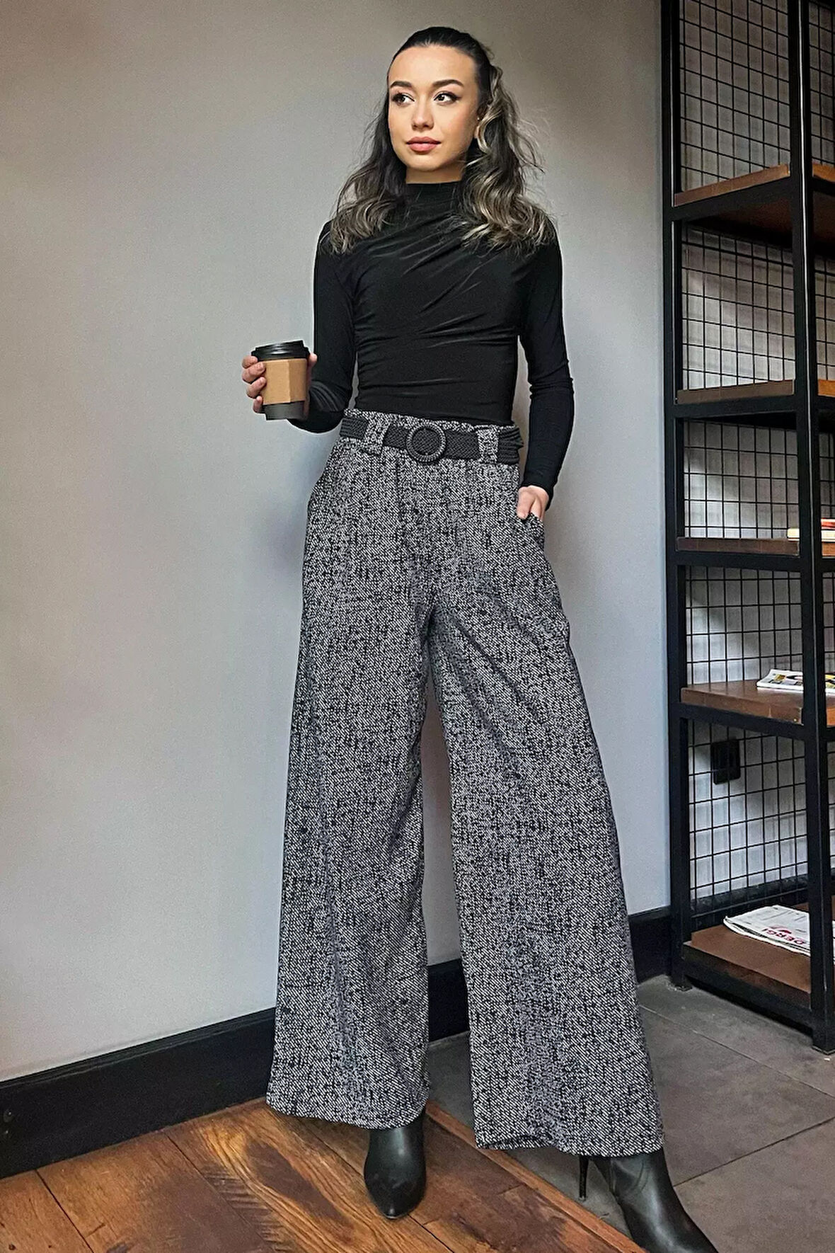 Kadın Kışlık Karyağdı Desenli Pile Detaylı Kemerli Palazzo Pantolon