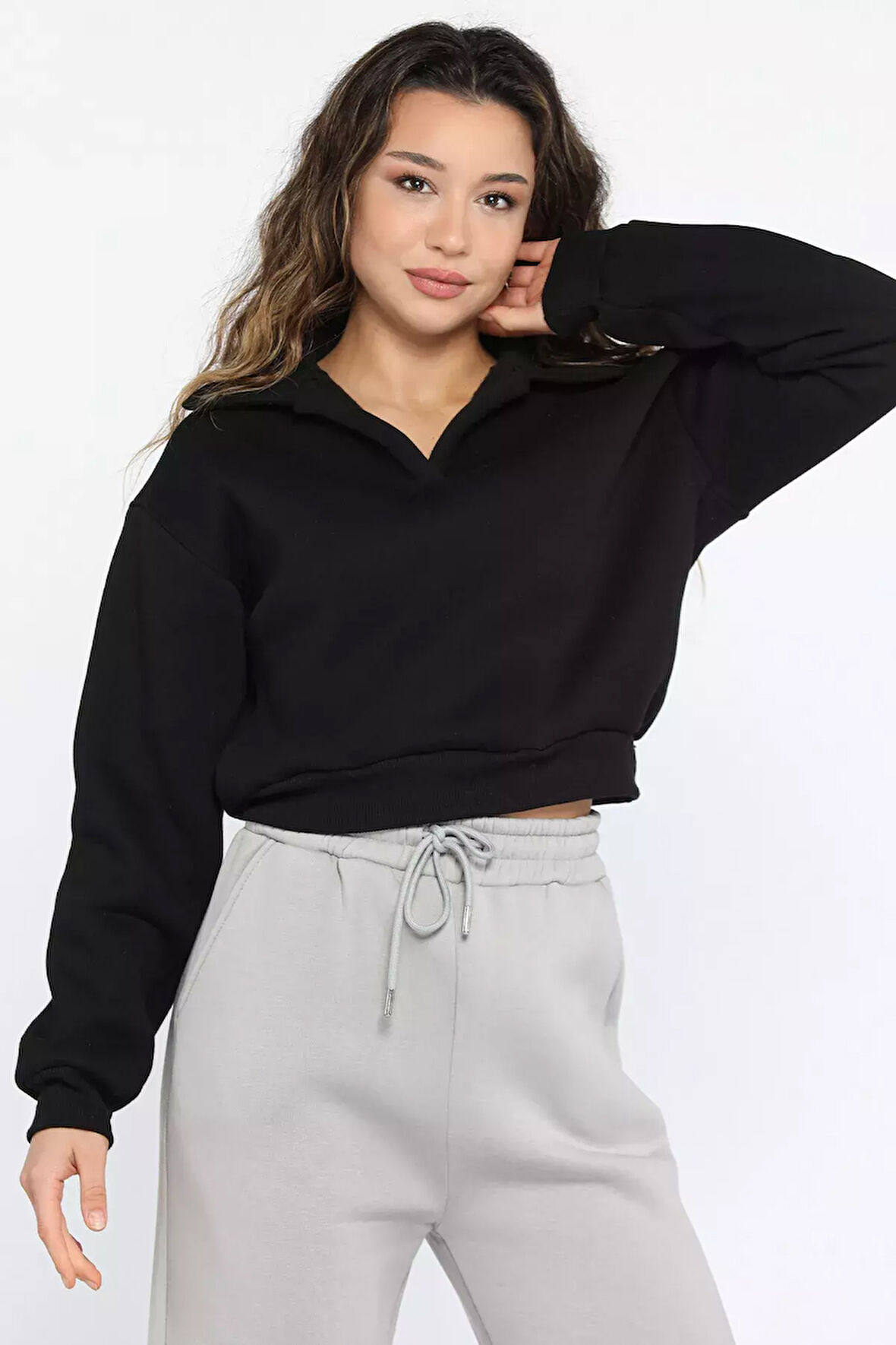 Polo Yaka Şardonlu Kadın Sweatshirt