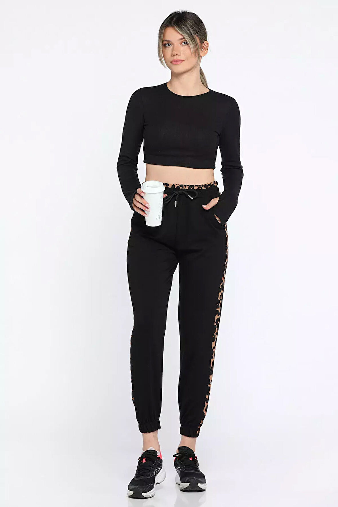 Kadın Leopar Garnili Paça Lastikli Pantolon