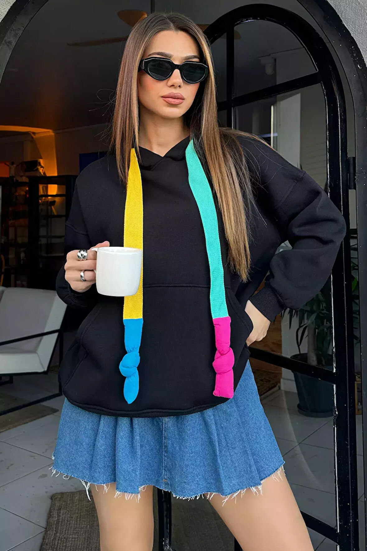 Kadın Kapüşonlu Renkli Şeritli Şardonlu Sweatshirt