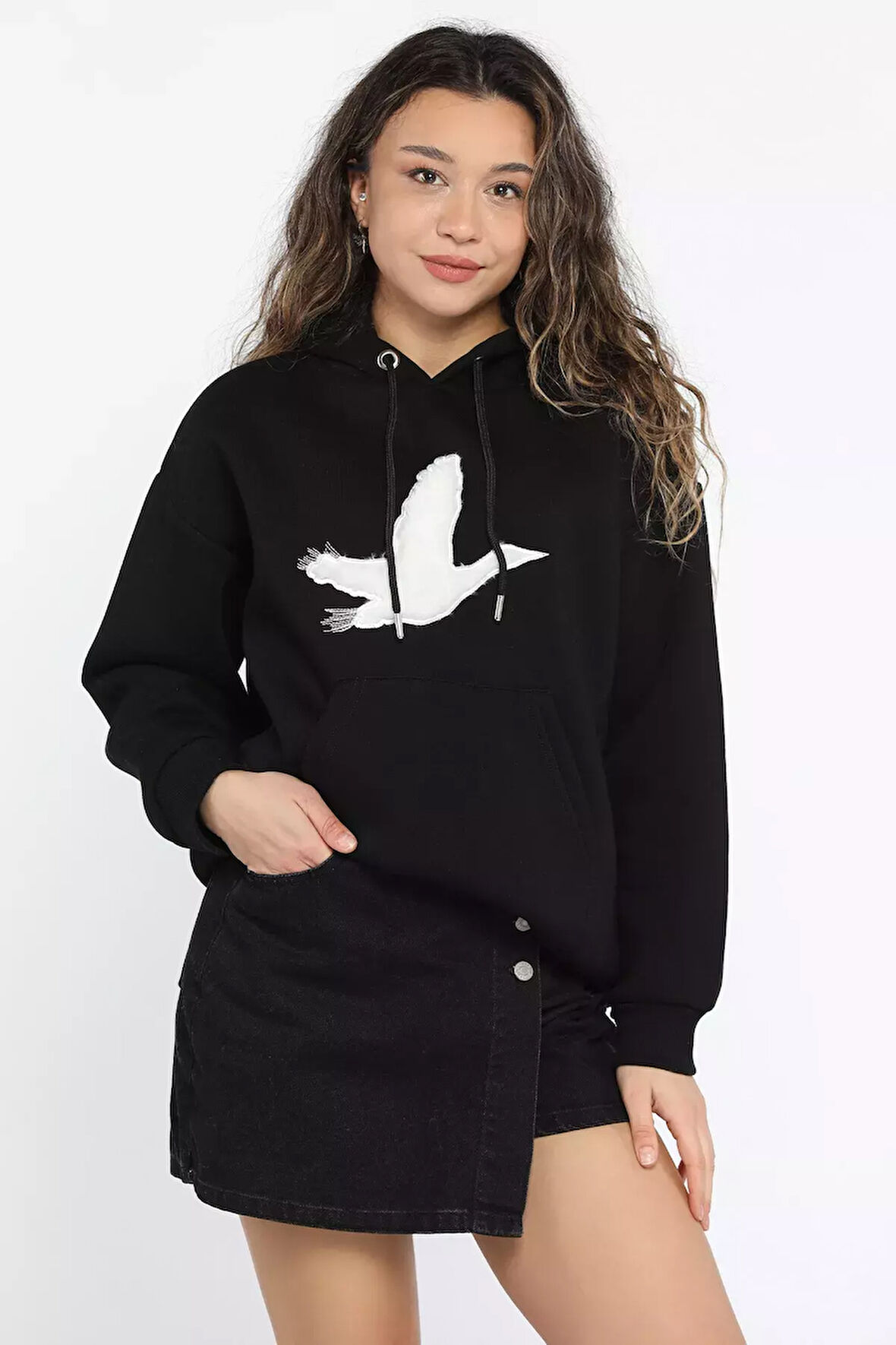 Kadın Kuş Nakışlı Kapüşonlu Şardonlu Sweatshirt