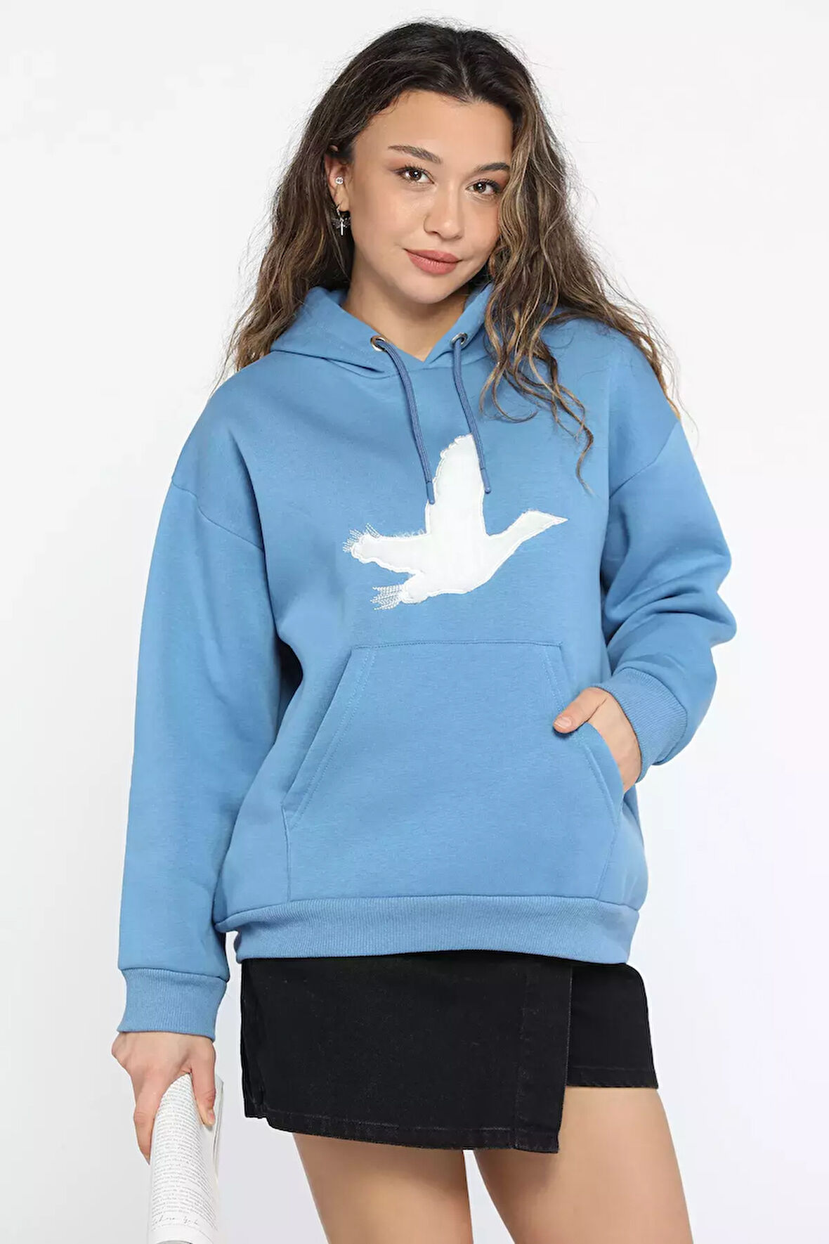 Kadın Kuş Nakışlı Kapüşonlu Şardonlu Sweatshirt